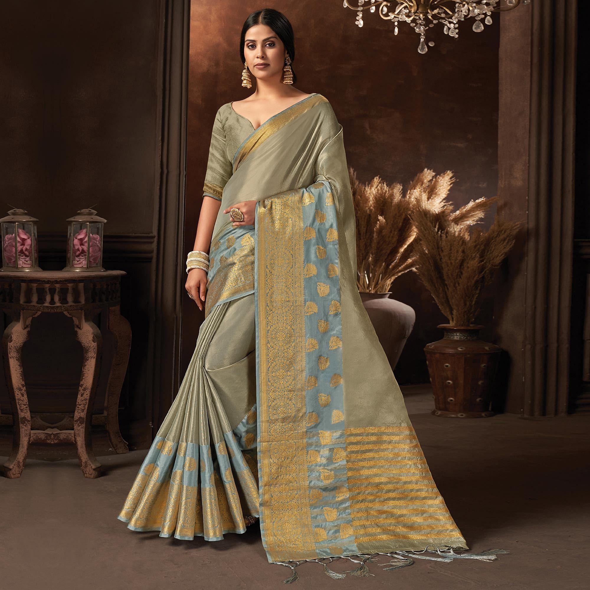 Grey Festive Wear Solid Organza Saree With Tassels - Peachmode