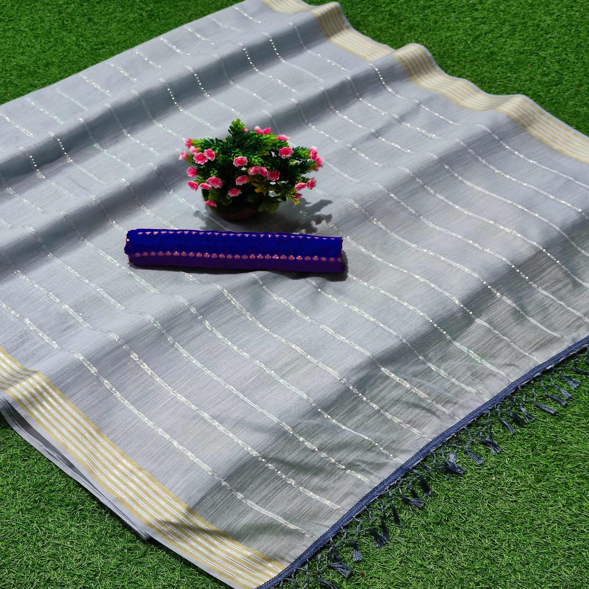 Grey Festive Wear Stripes With Sequence Woven Work Cotton Saree - Peachmode