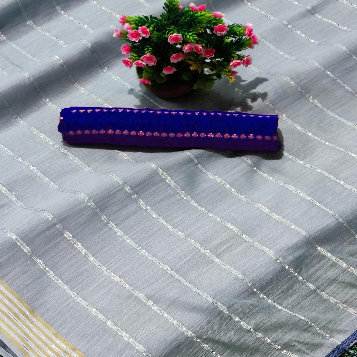 Grey Festive Wear Stripes With Sequence Woven Work Cotton Saree - Peachmode
