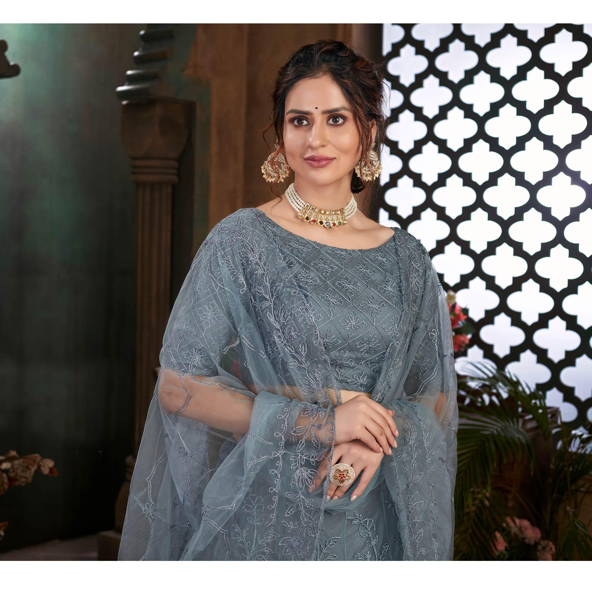 Grey Festive Wear Thread Embroidered Net Lehenga Choli - Peachmode