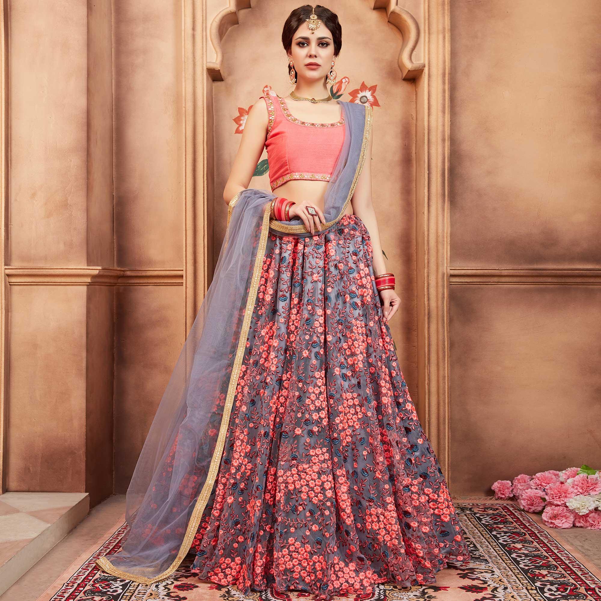 Grey Festive Wear Thread Zari Work Soft Net Lehenga Choli - Peachmode