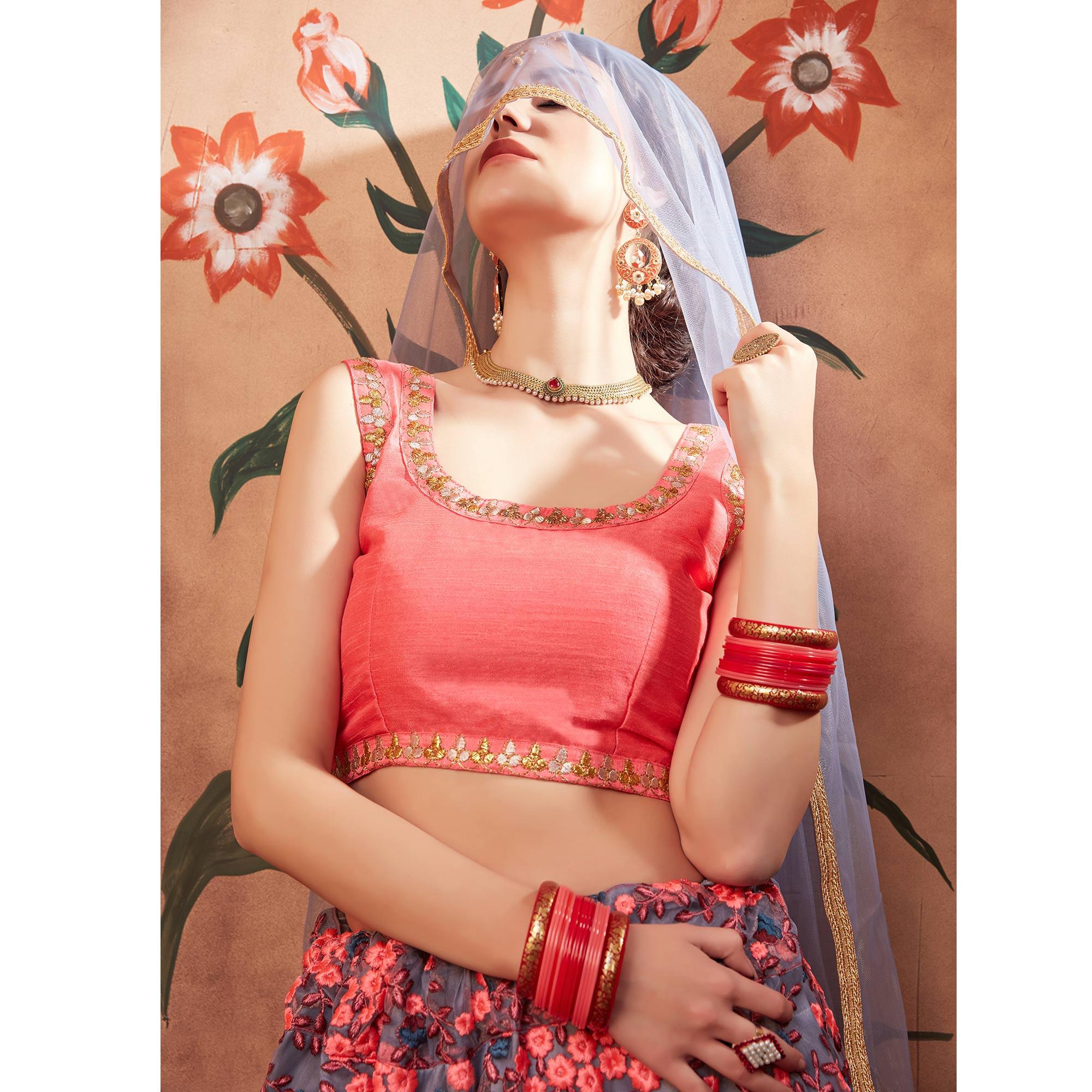 Grey Festive Wear Thread Zari Work Soft Net Lehenga Choli - Peachmode