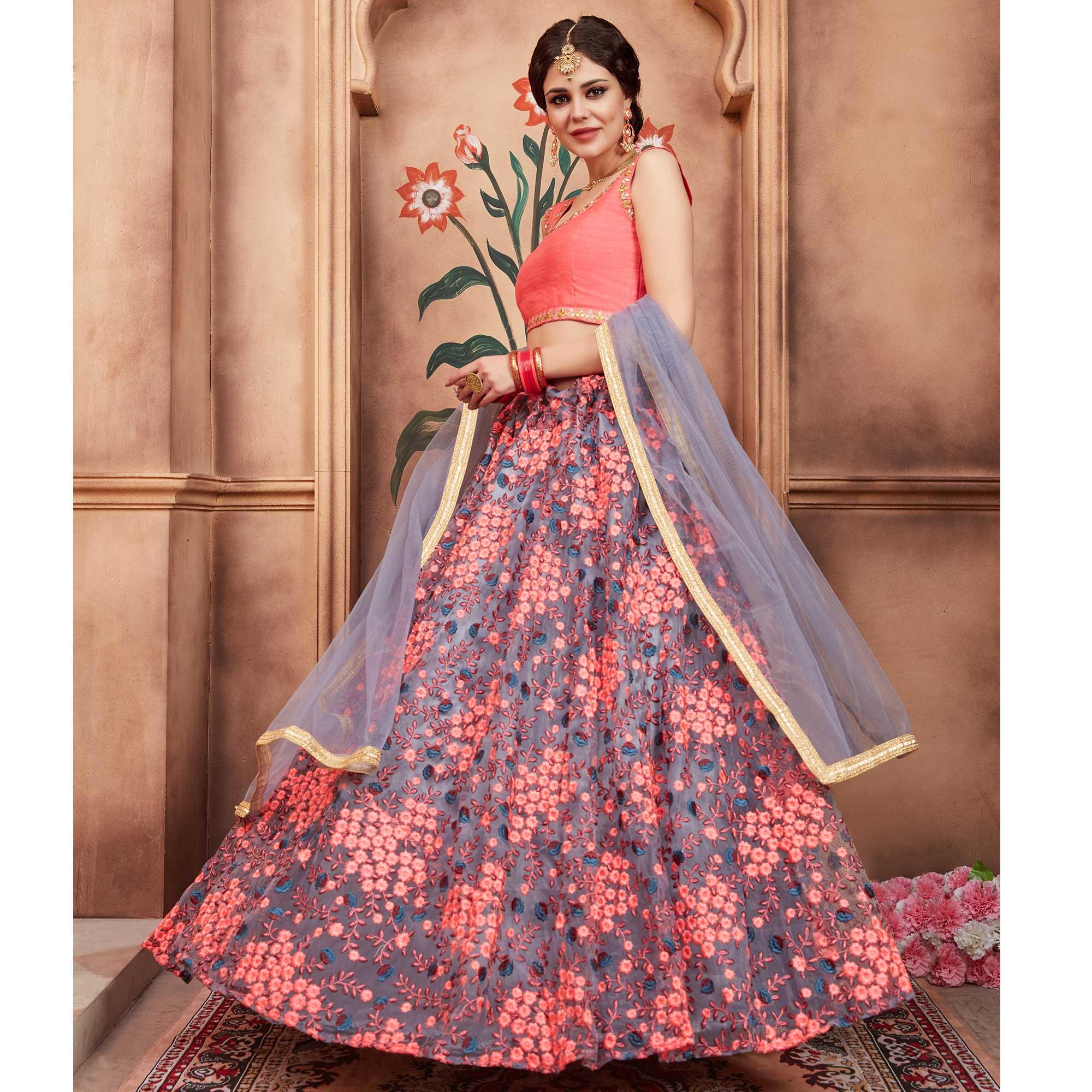 Grey Festive Wear Thread Zari Work Soft Net Lehenga Choli - Peachmode