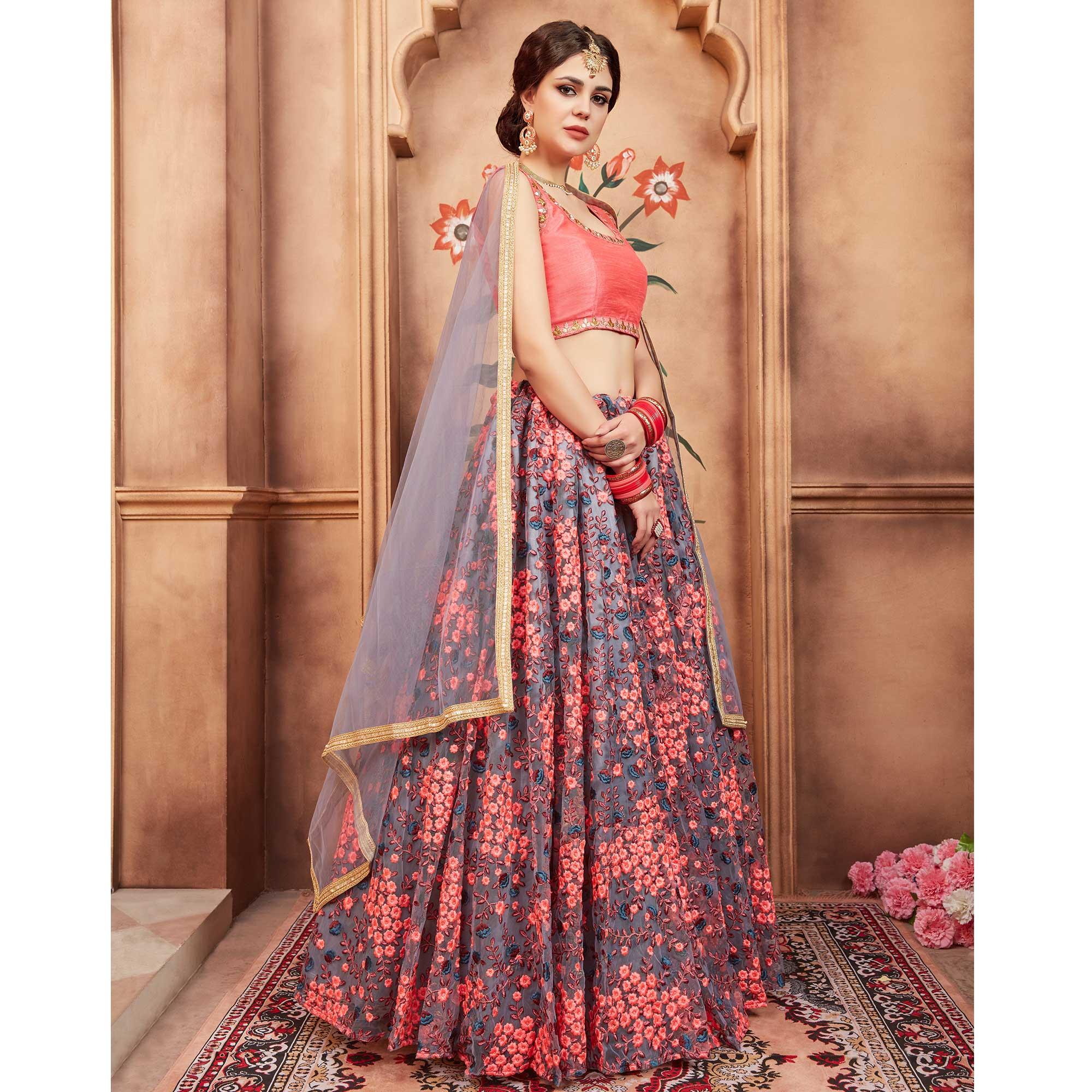 Grey Festive Wear Thread Zari Work Soft Net Lehenga Choli - Peachmode