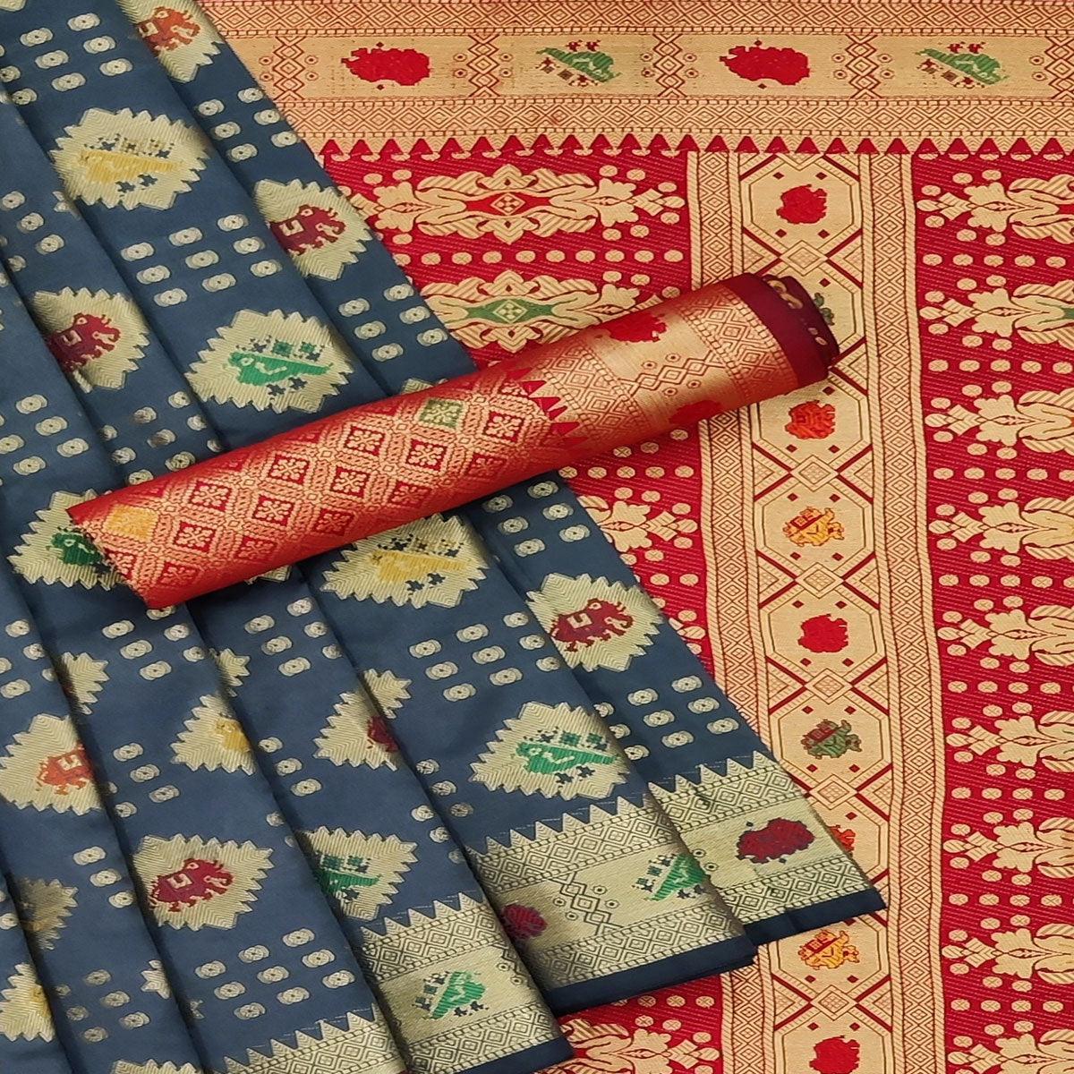 Grey Festive Wear Weaving Silk Saree - Peachmode
