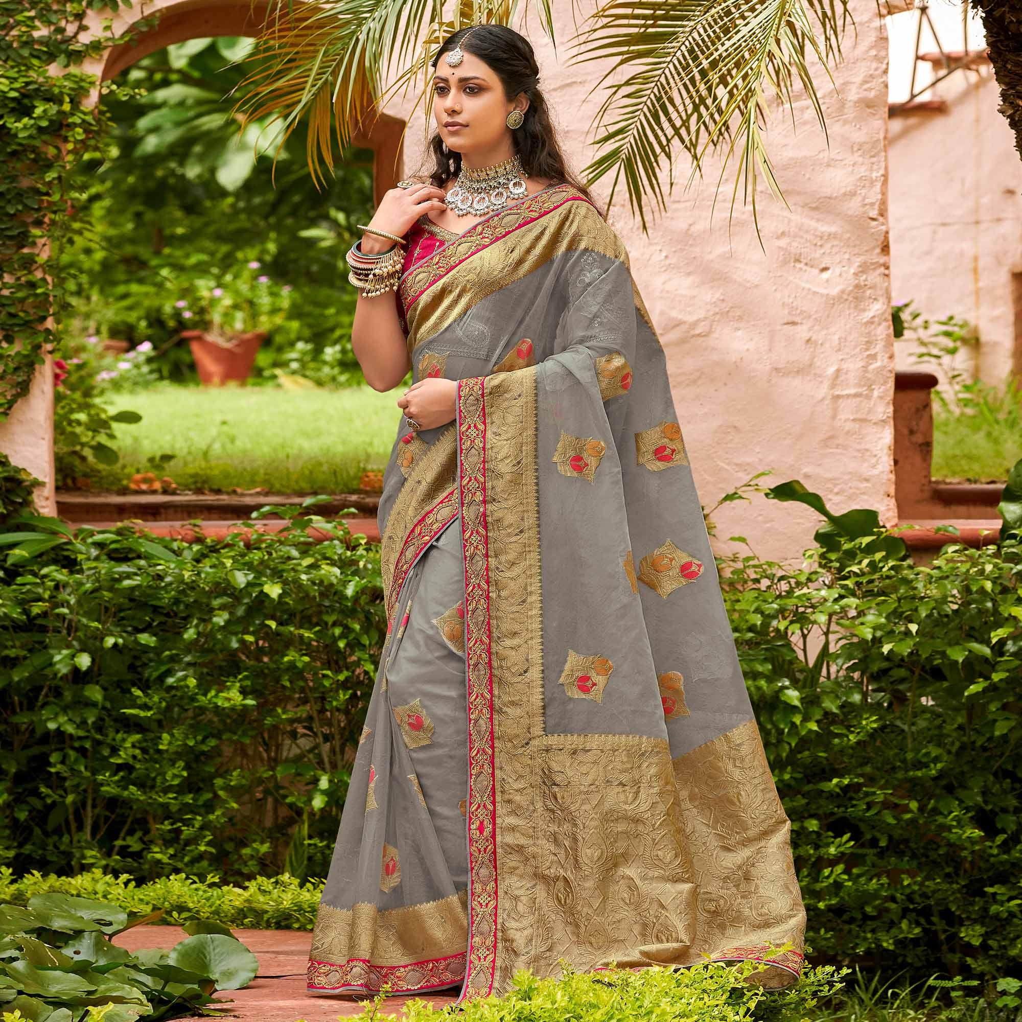 Grey Festive Wear Woven & Embroidered Organza Saree - Peachmode