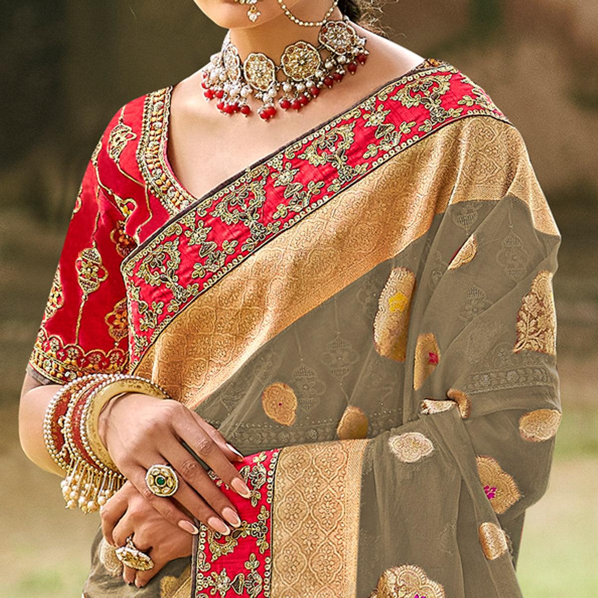 Grey Festive Wear Woven & Embroidered Organza Saree - Peachmode