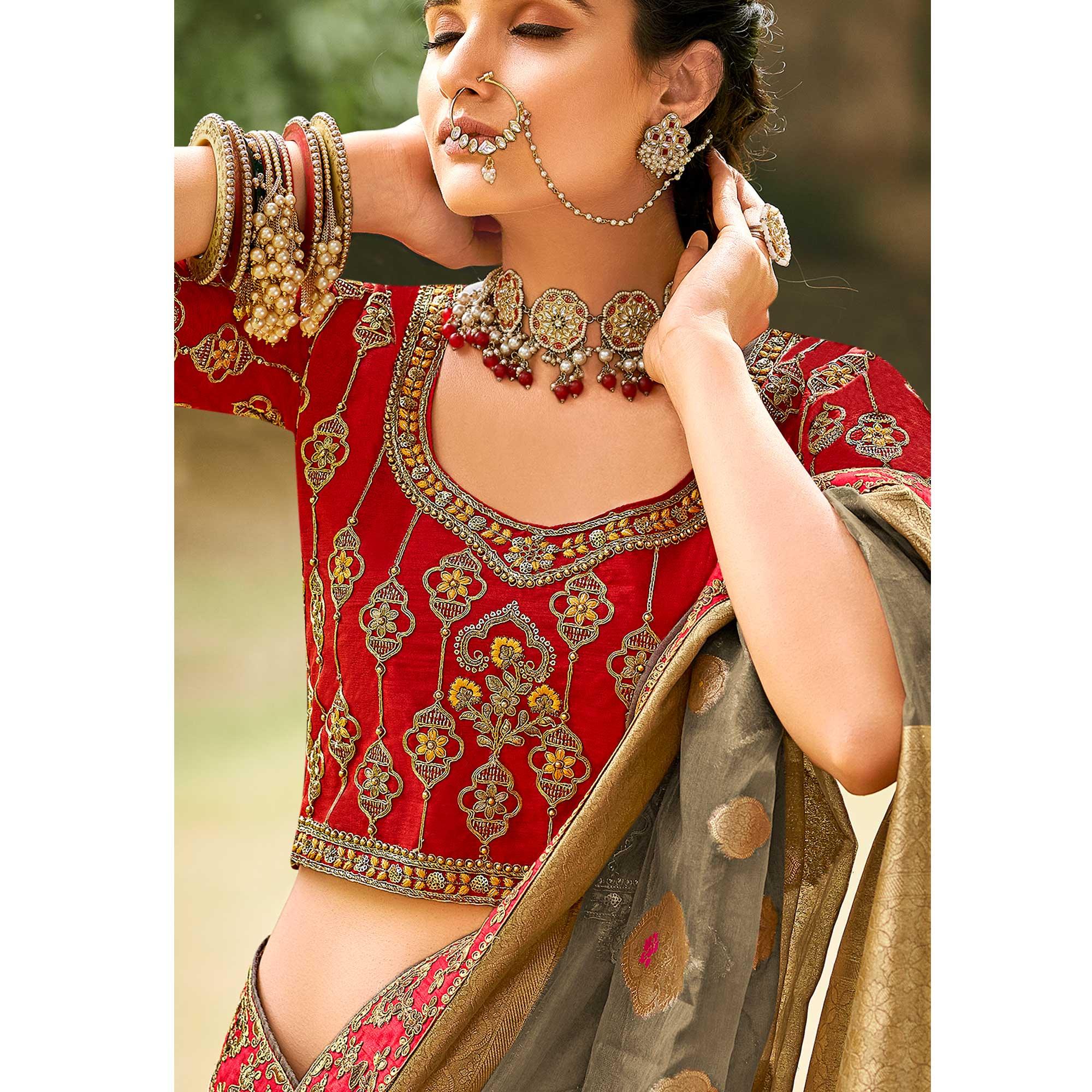 Grey Festive Wear Woven & Embroidered Organza Saree - Peachmode