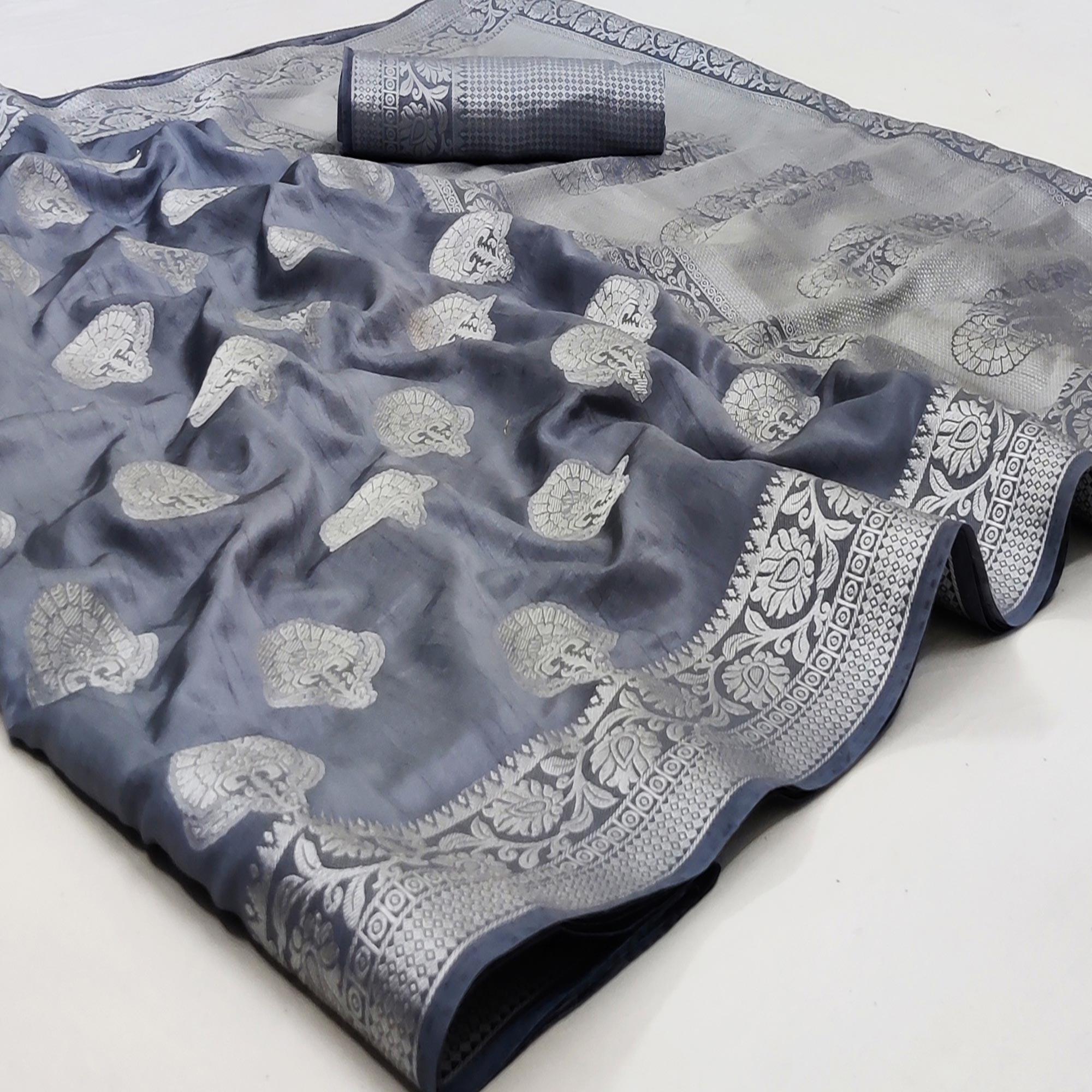 Grey Festive Wear Woven Art Silk Saree - Peachmode