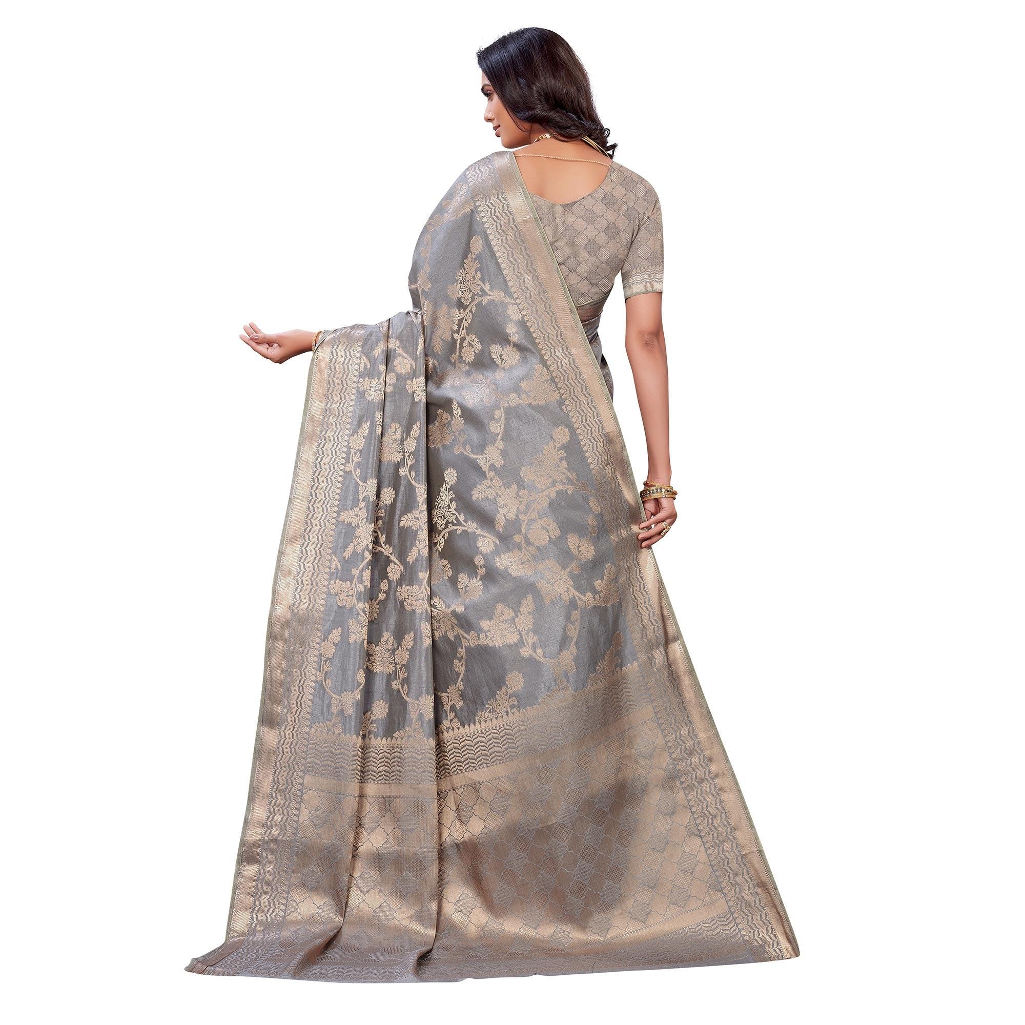 Grey Festive Wear Woven Art Silk Saree - Peachmode
