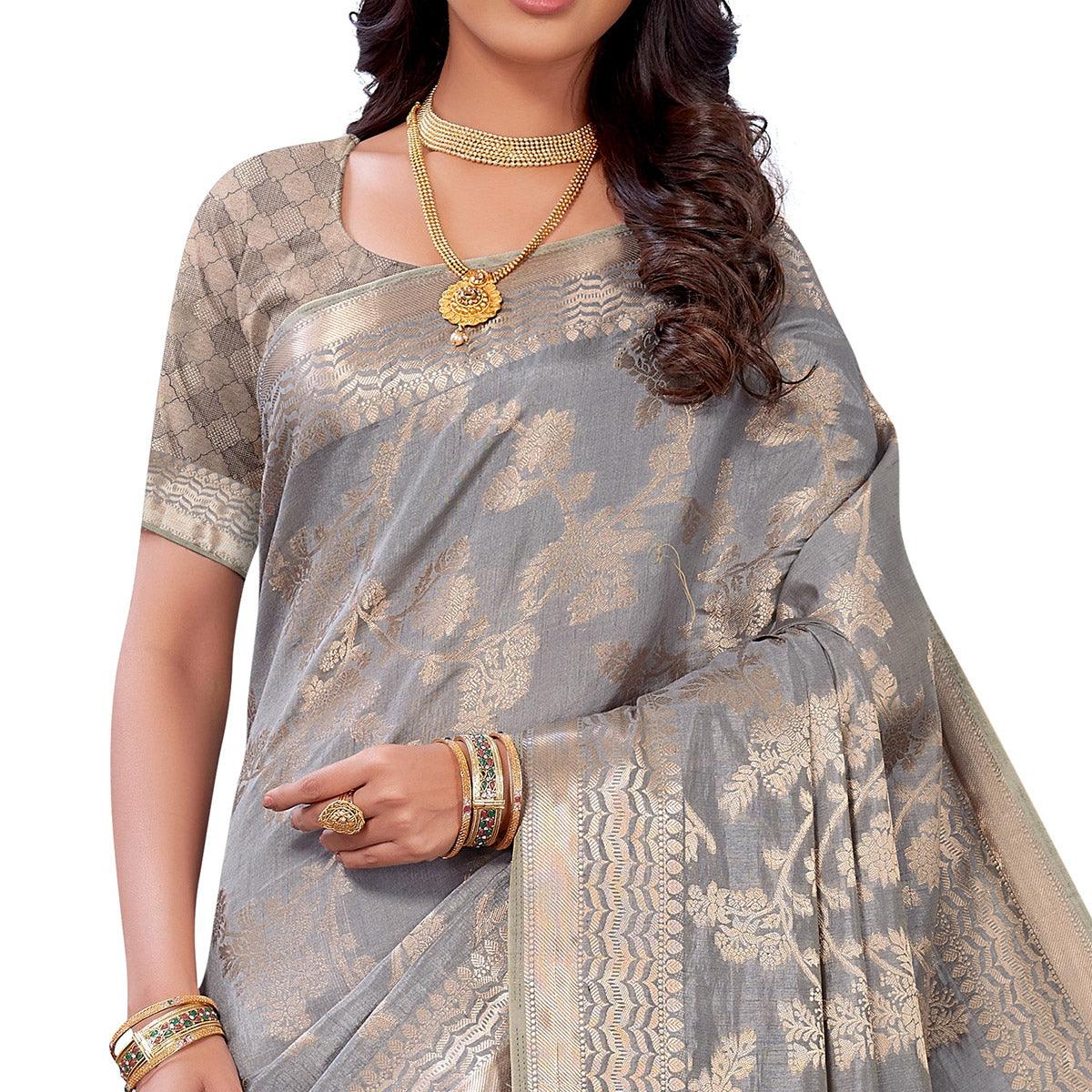 Grey Festive Wear Woven Art Silk Saree - Peachmode