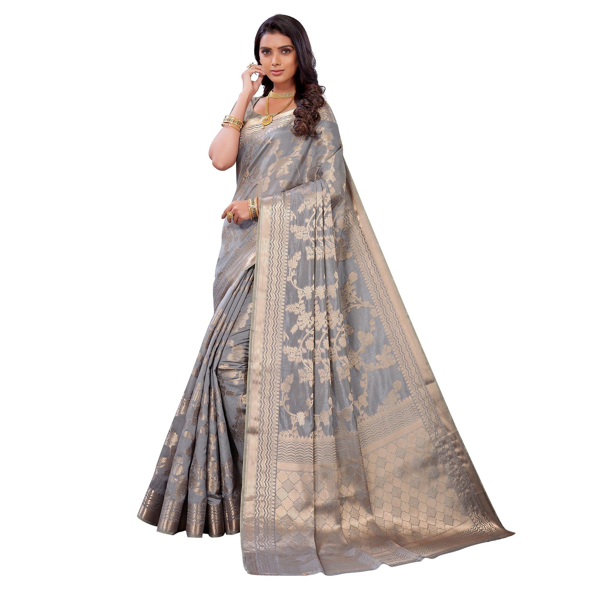 Grey Festive Wear Woven Art Silk Saree - Peachmode