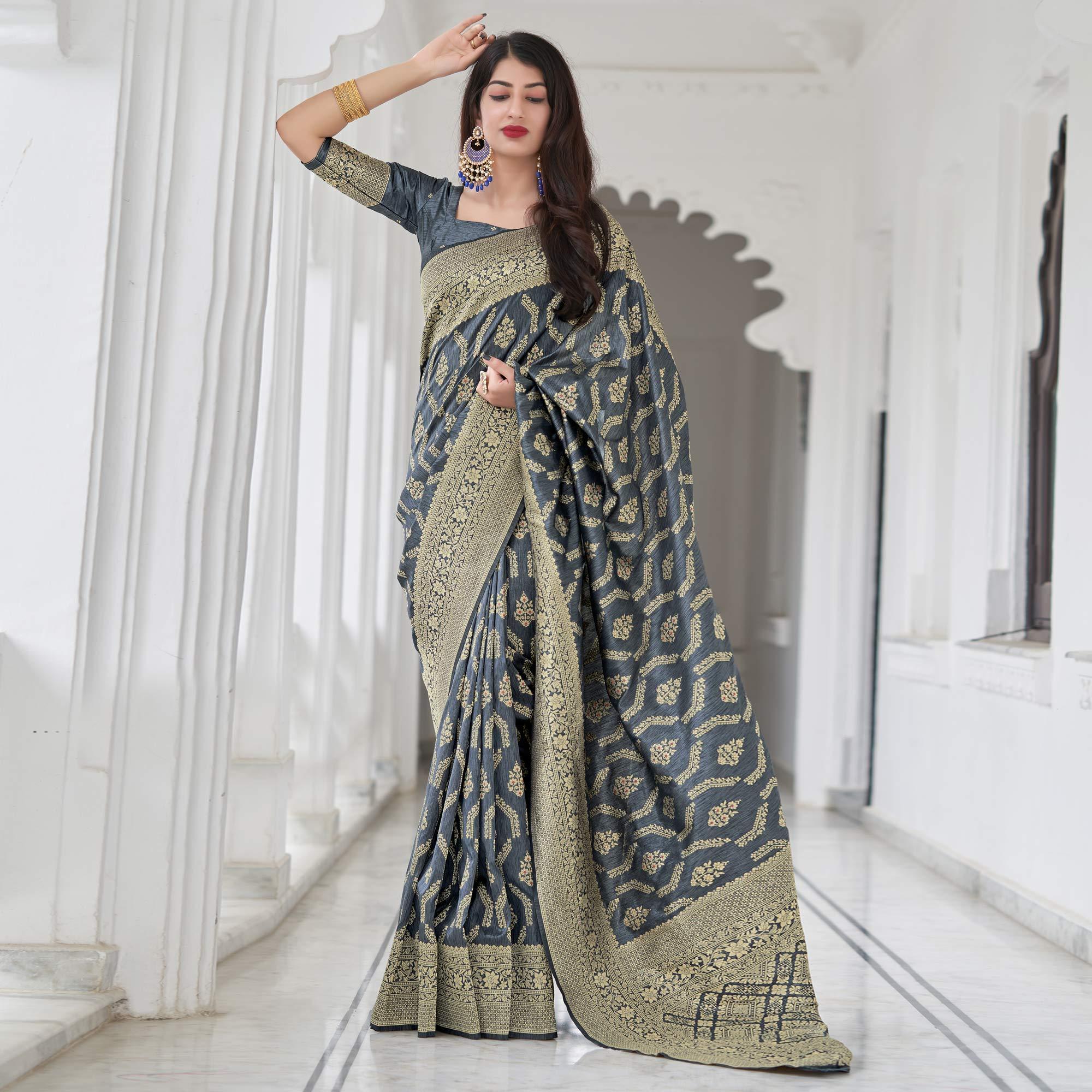 Grey Festive Wear Woven Banarasi Art Silk Saree - Peachmode