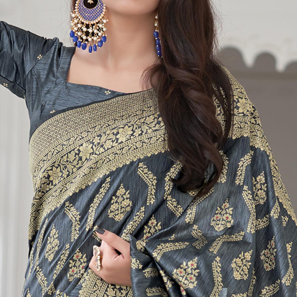 Grey Festive Wear Woven Banarasi Art Silk Saree - Peachmode