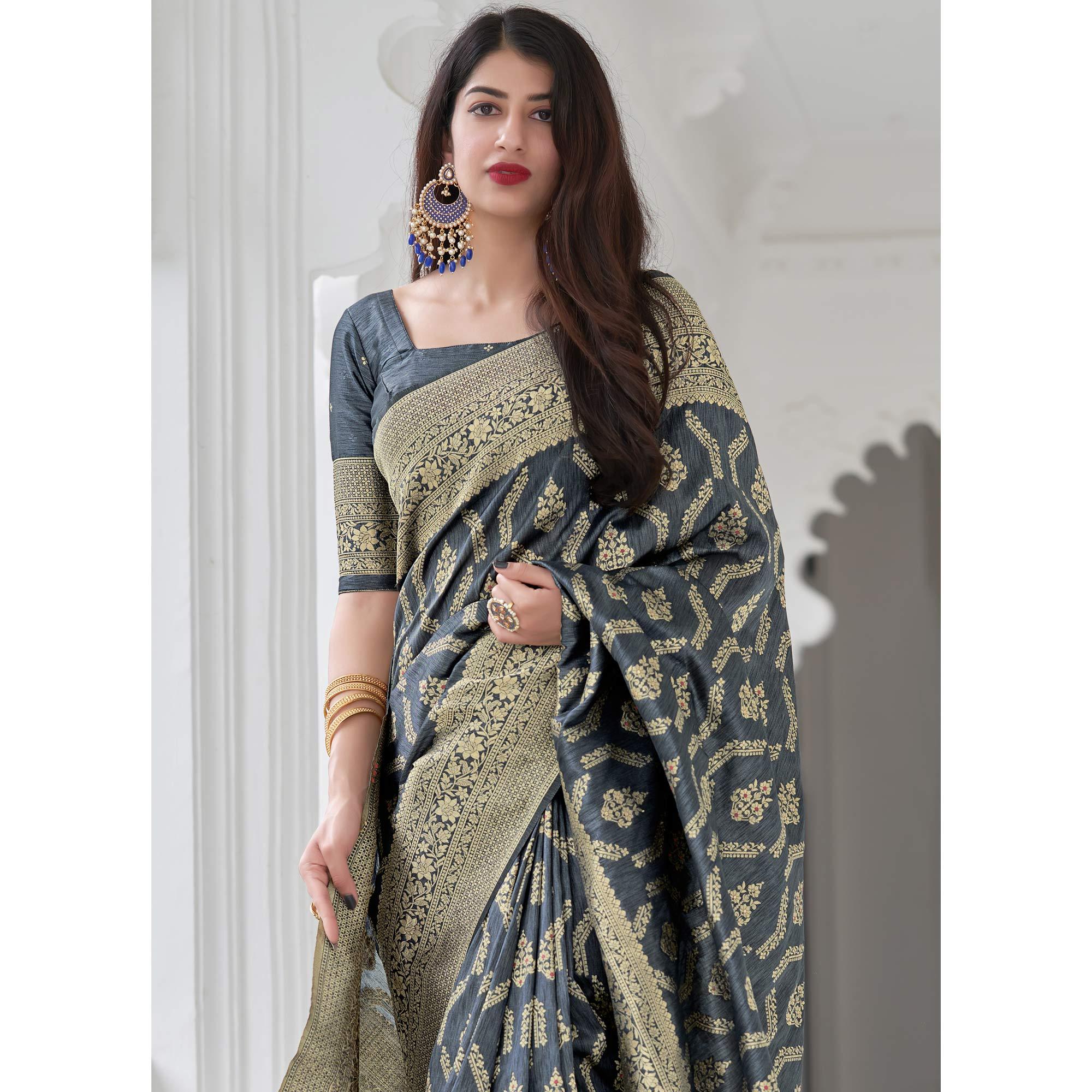 Grey Festive Wear Woven Banarasi Art Silk Saree - Peachmode