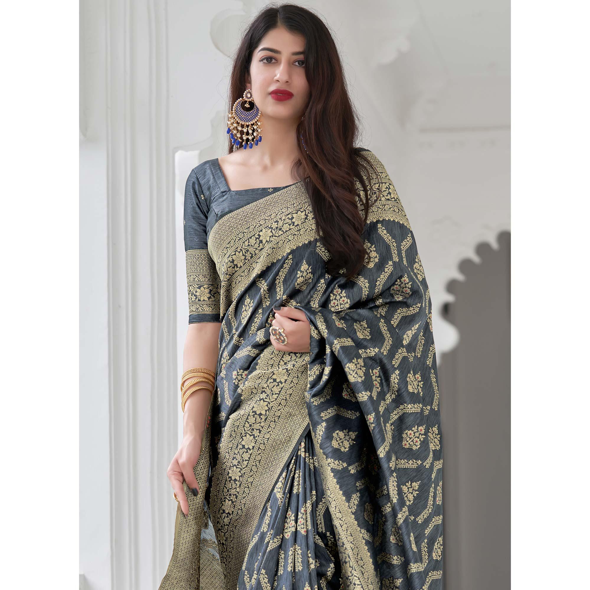 Grey Festive Wear Woven Banarasi Art Silk Saree - Peachmode