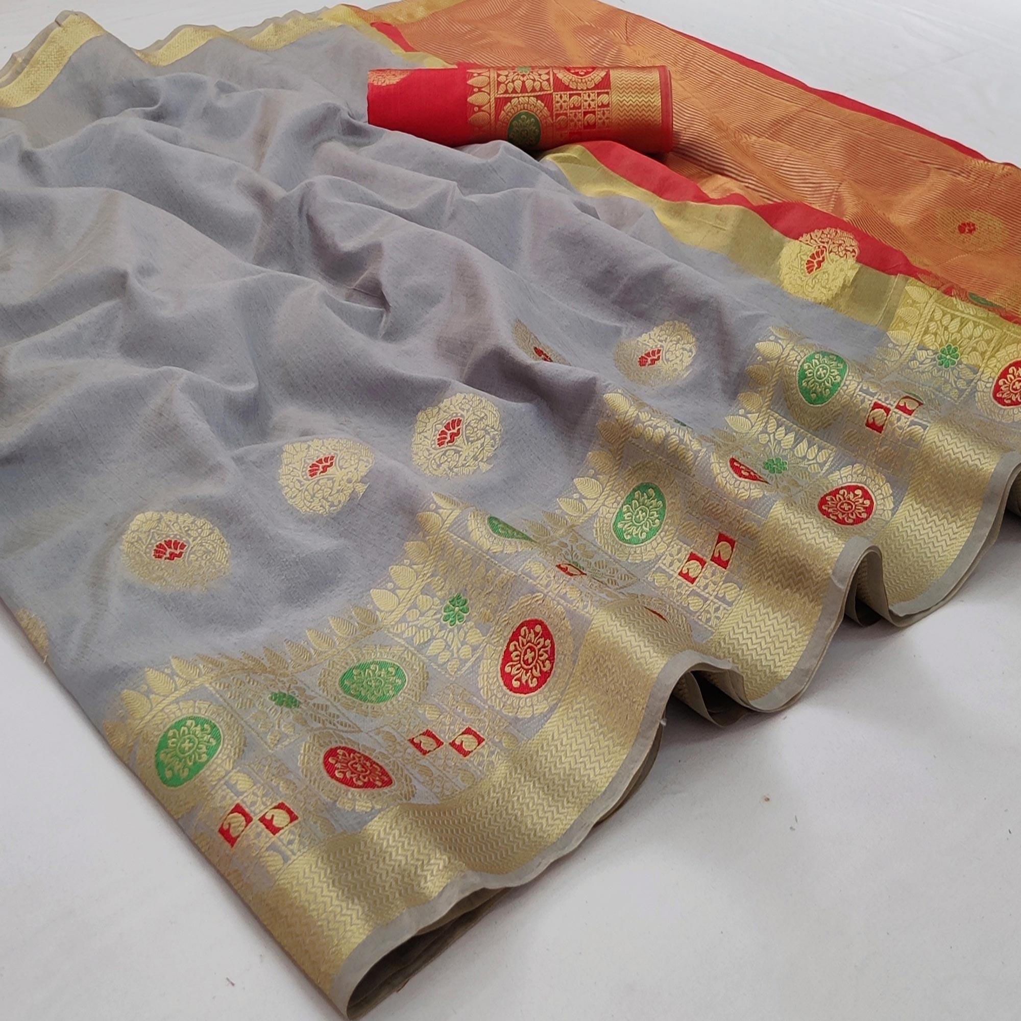 Grey Festive Wear Woven Banarasi Saree With Butta And Jacquard Border - Peachmode