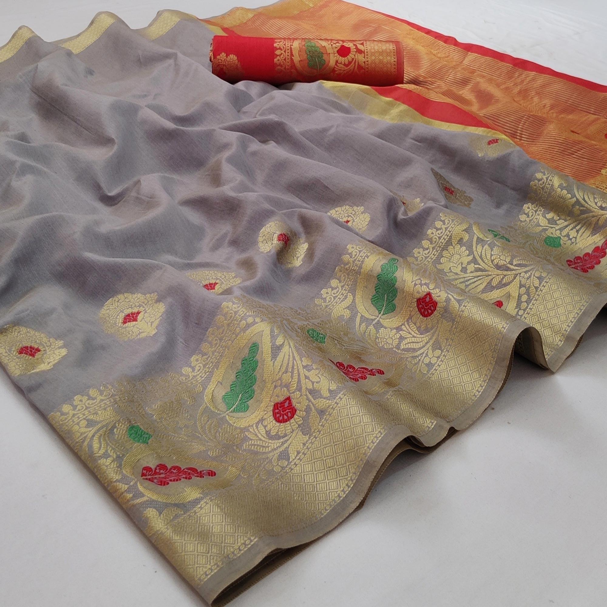 Grey Festive Wear Woven Banarasi Saree With Butta And Jacquard Border - Peachmode
