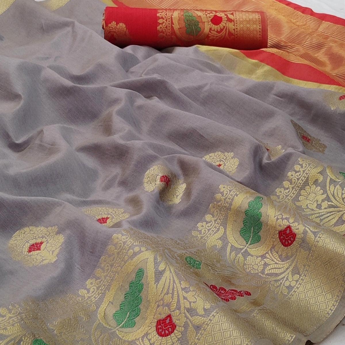 Grey Festive Wear Woven Banarasi Saree With Butta And Jacquard Border - Peachmode