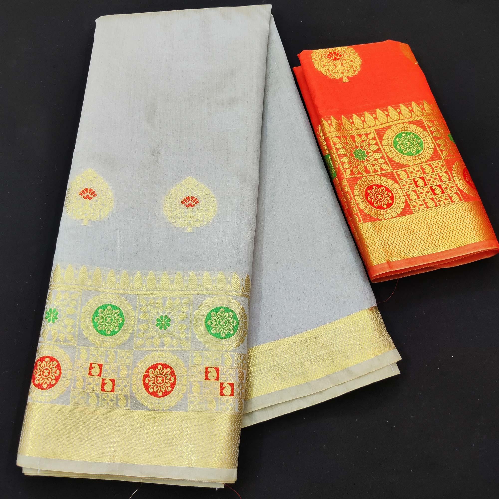 Grey Festive Wear Woven Banarasi Saree With Butta And Jacquard Border - Peachmode