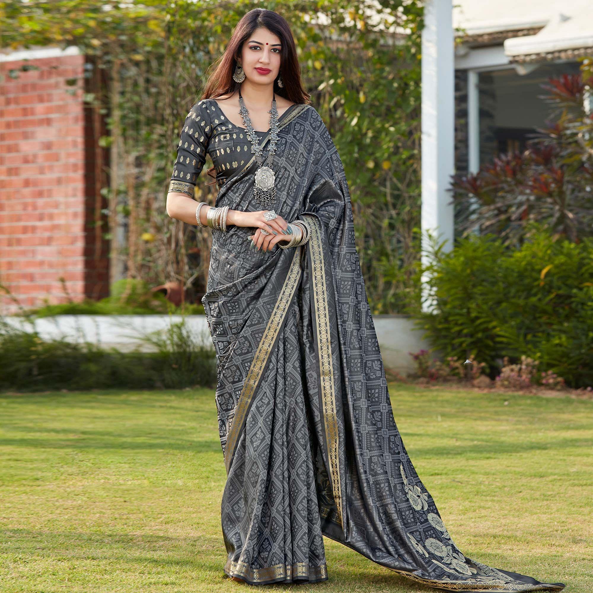 Grey Festive Wear Woven Banarasi Satin Silk Saree - Peachmode