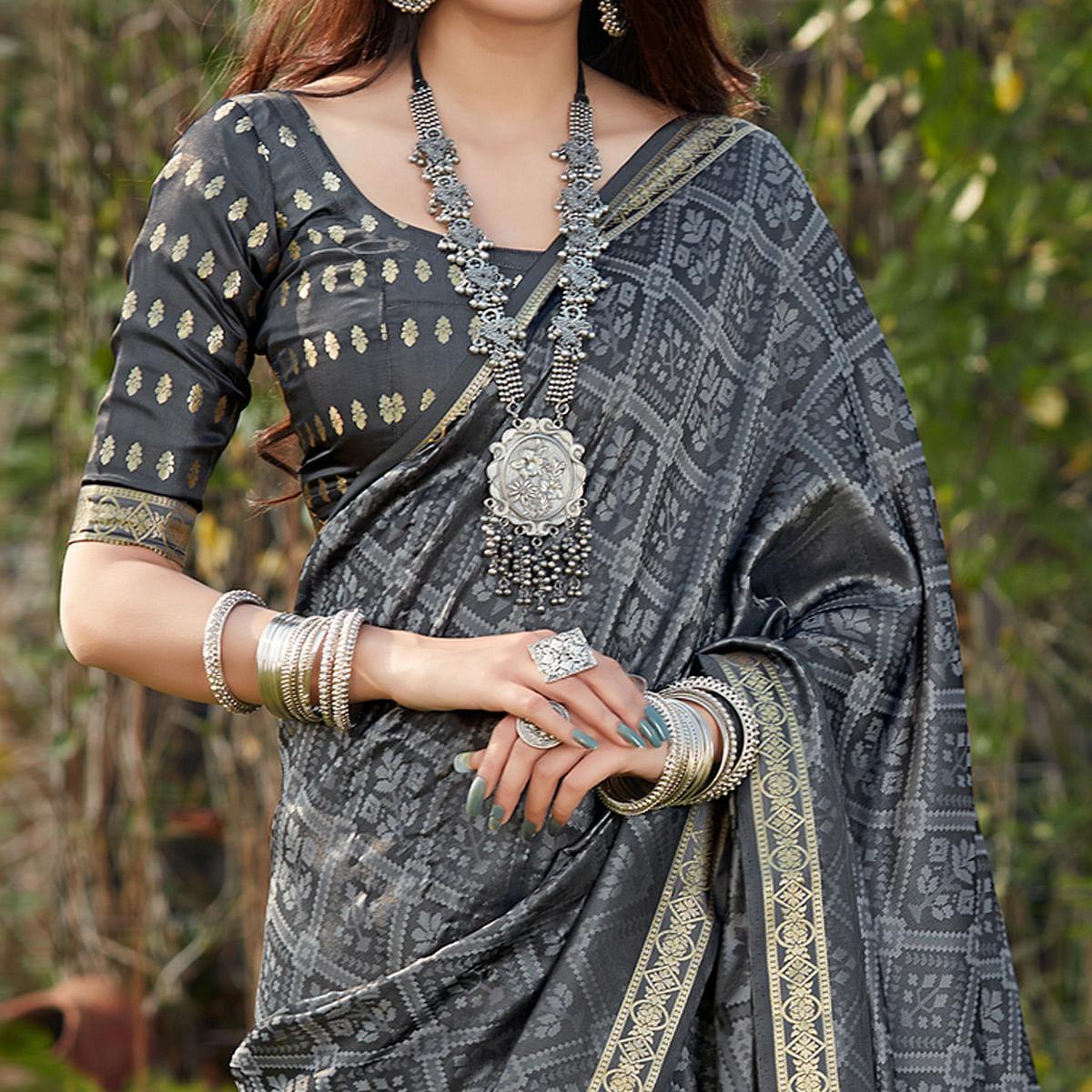 Grey Festive Wear Woven Banarasi Satin Silk Saree - Peachmode