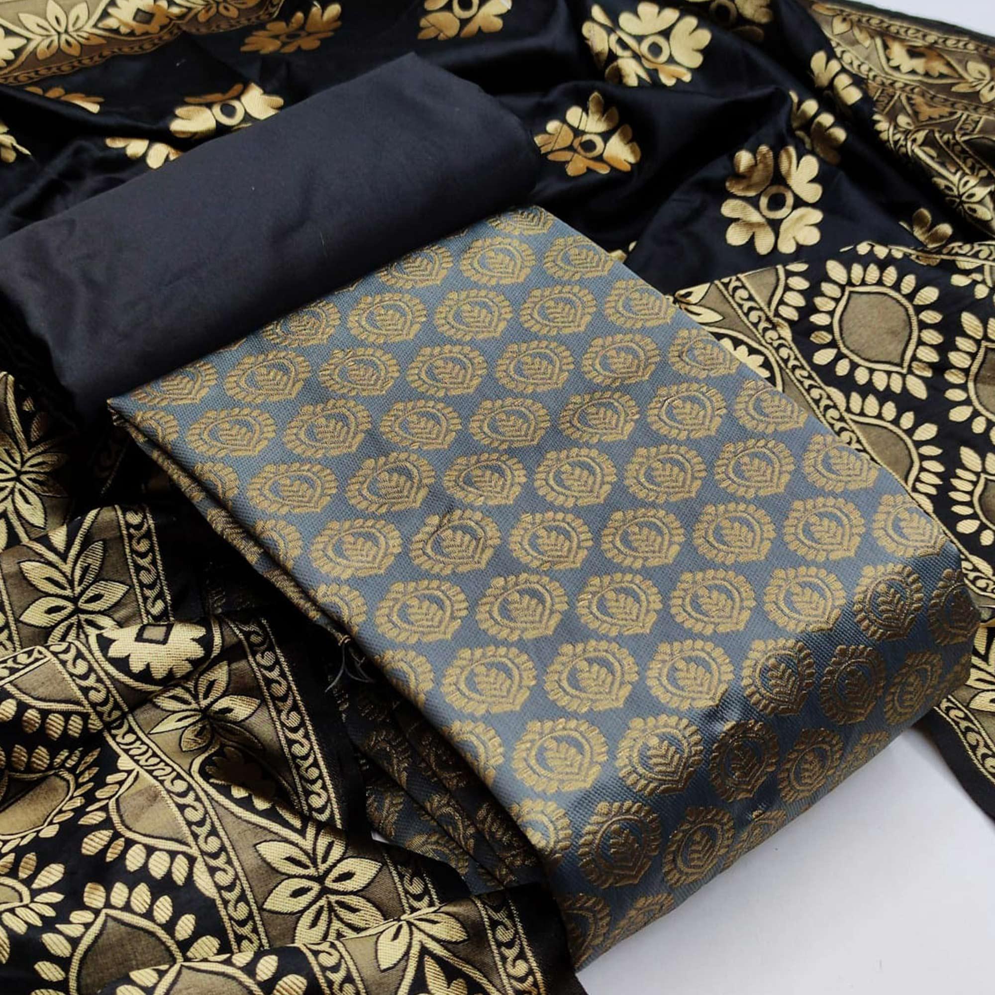 Grey Festive Wear Woven Banarasi Silk Dress Material - Peachmode