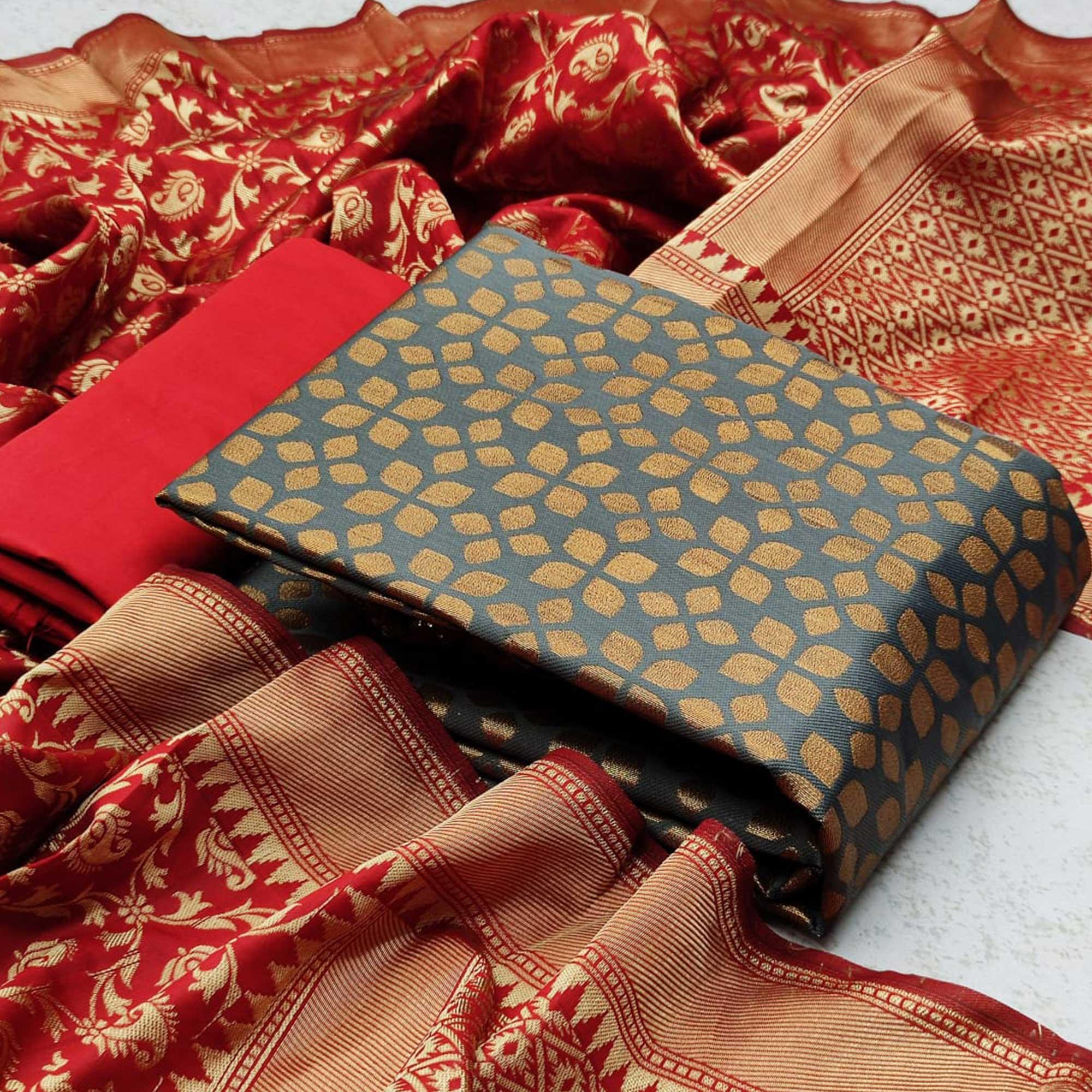Grey Festive Wear Woven Banarasi Silk Dress Material - Peachmode