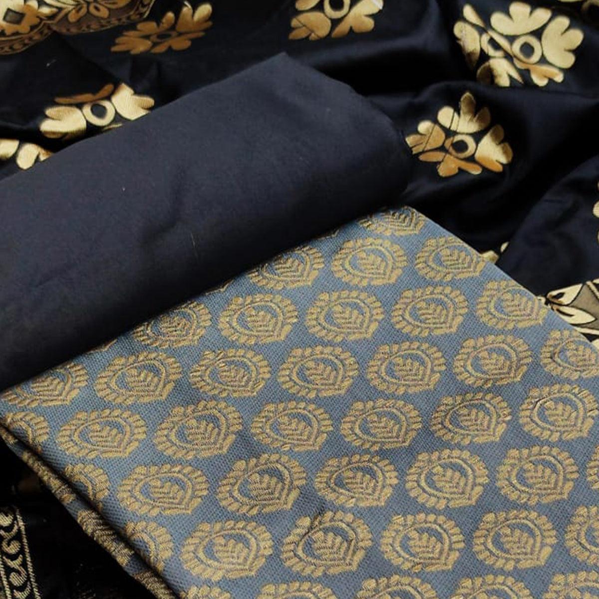 Grey Festive Wear Woven Banarasi Silk Dress Material - Peachmode