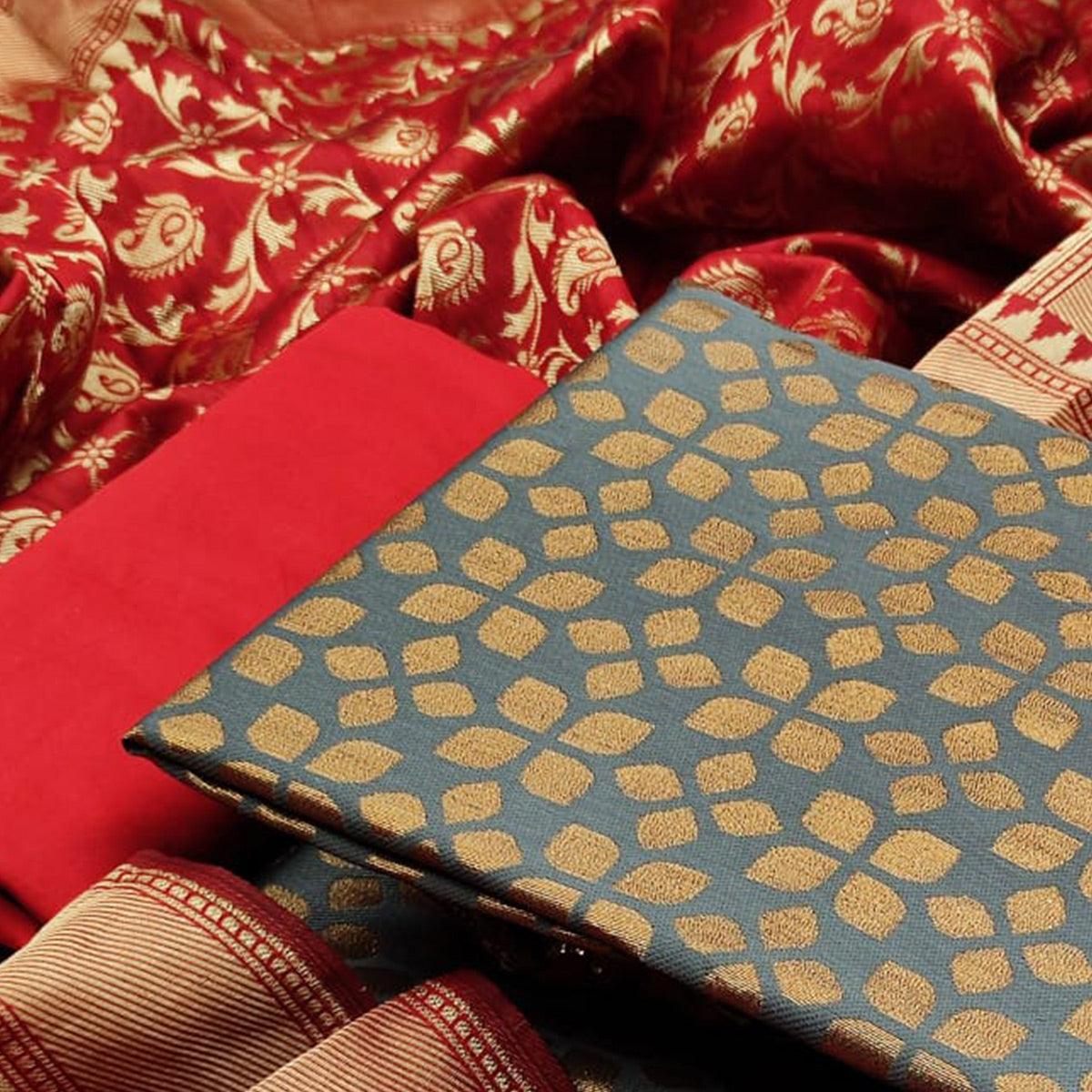 Grey Festive Wear Woven Banarasi Silk Dress Material - Peachmode