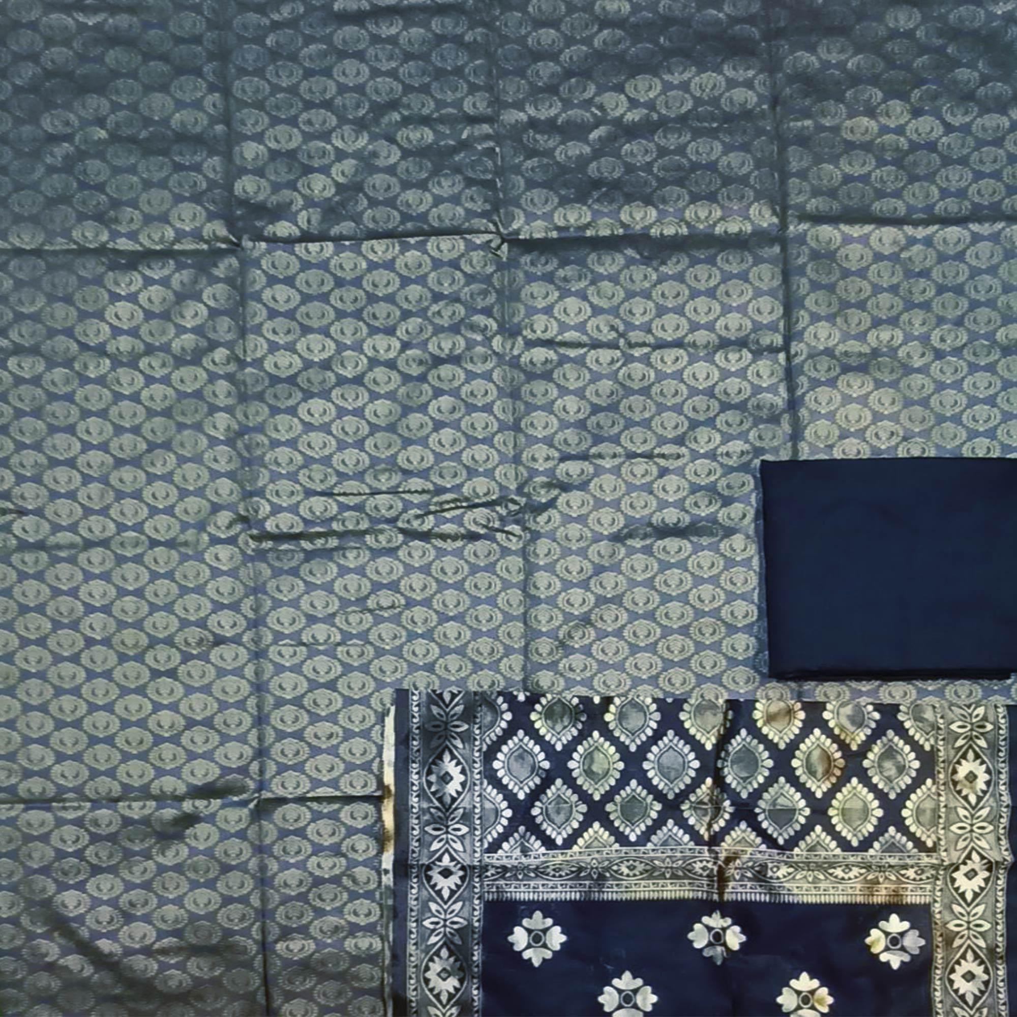 Grey Festive Wear Woven Banarasi Silk Dress Material - Peachmode