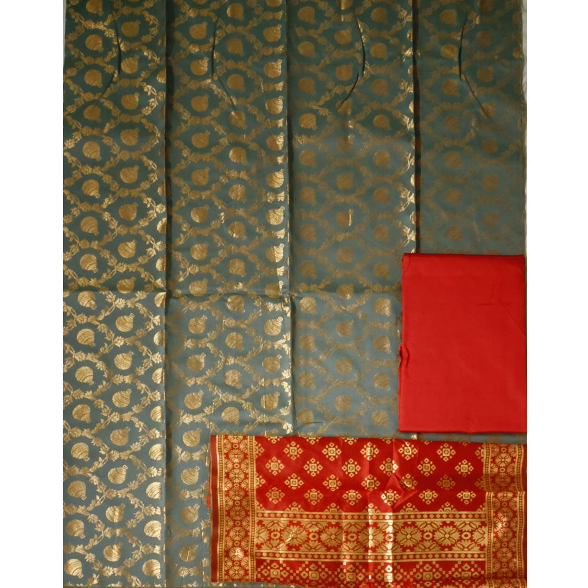 Grey Festive Wear Woven Banarasi Silk Dress Material - Peachmode