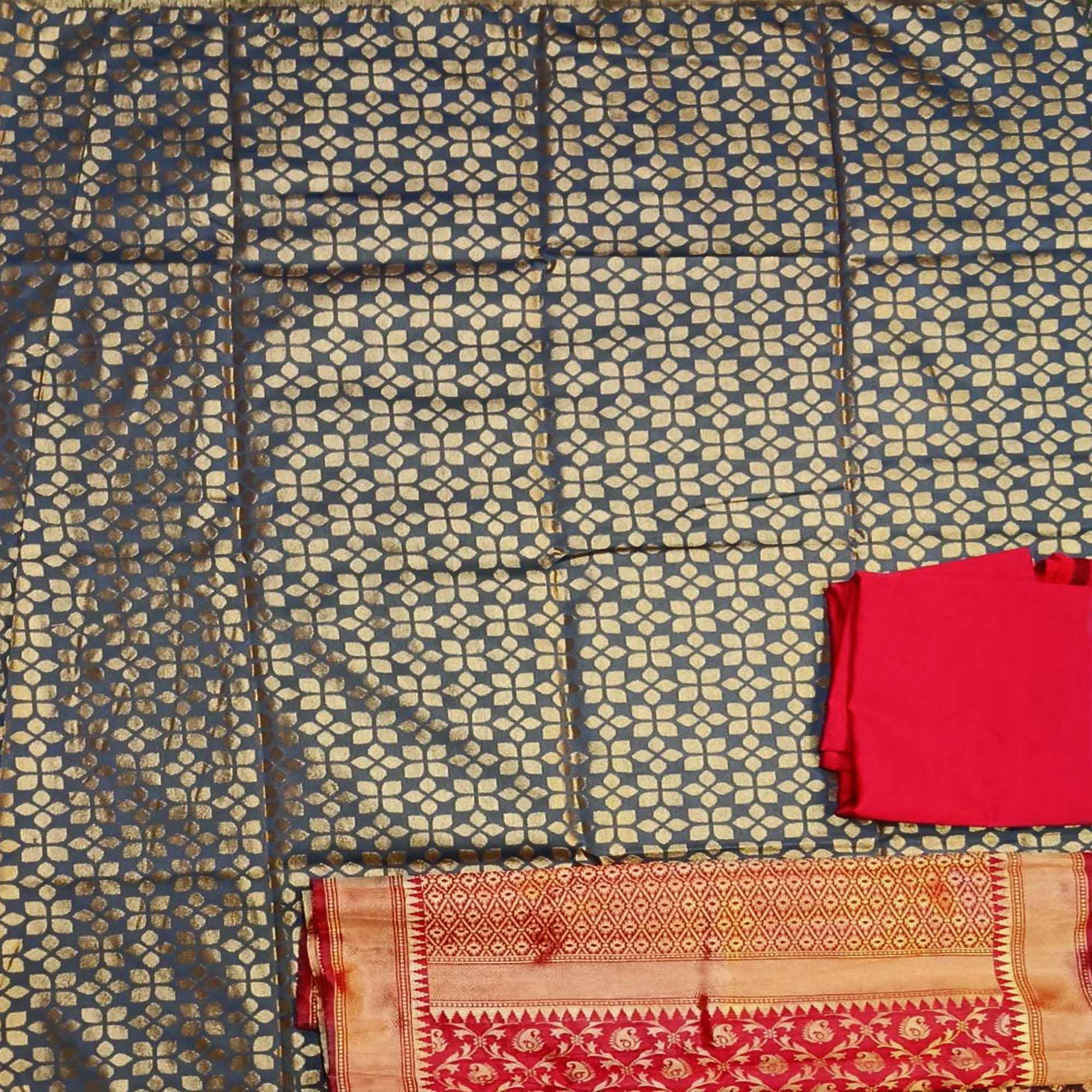 Grey Festive Wear Woven Banarasi Silk Dress Material - Peachmode