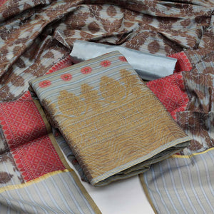 Grey Festive Wear Woven Banarasi Silk Jacquard Dress Material - Peachmode