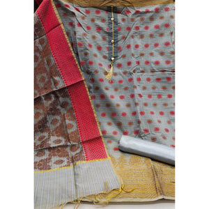 Grey Festive Wear Woven Banarasi Silk Jacquard Dress Material - Peachmode