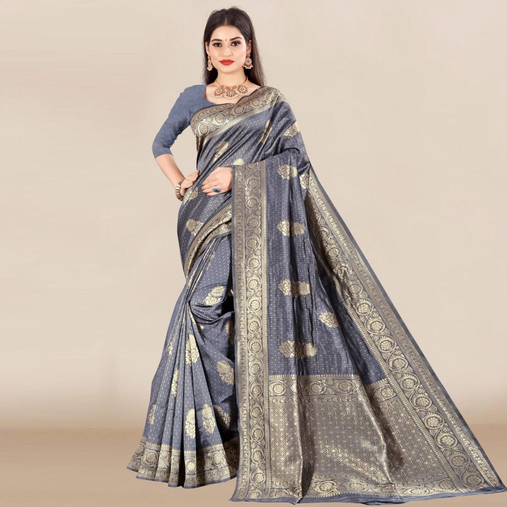 Grey Festive Wear Woven Banarasi Silk Saree - Peachmode