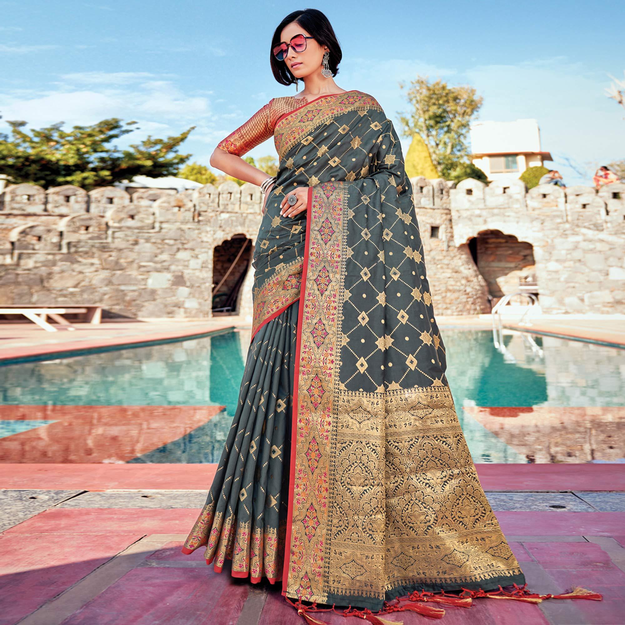 Grey Festive Wear Woven Banarasi Silk Saree - Peachmode