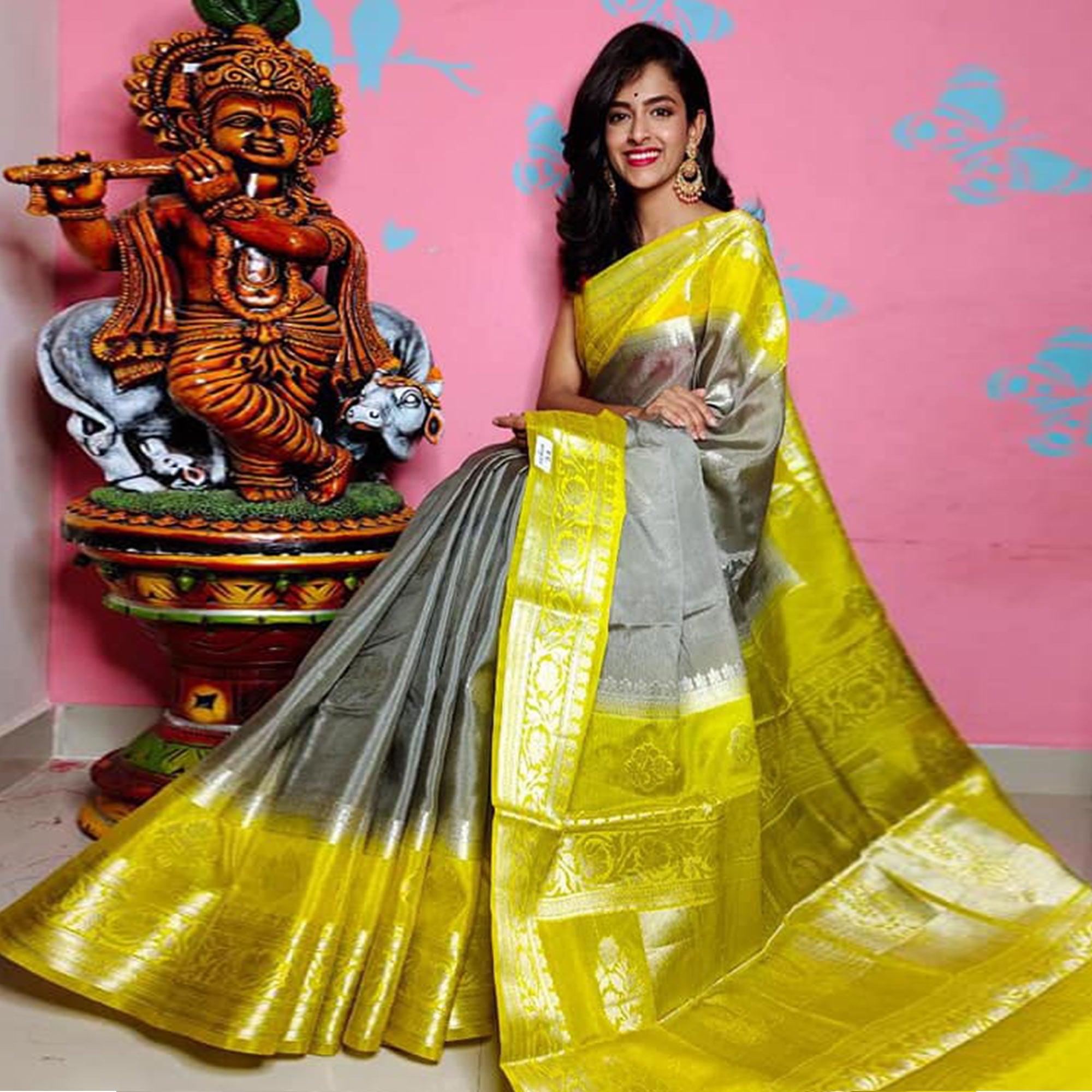 Grey Festive Wear Woven Banarasi Silk Saree - Peachmode
