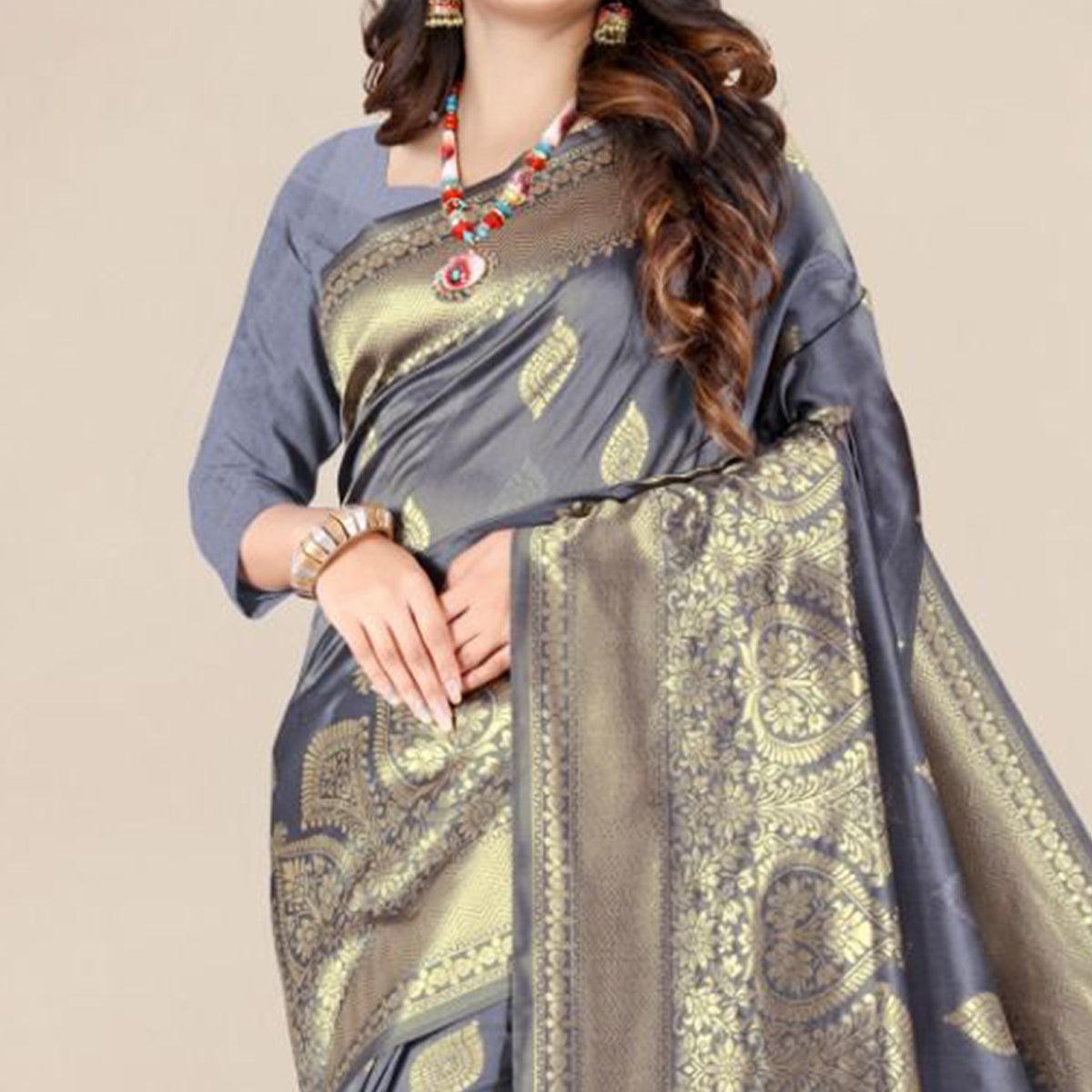 Grey Festive Wear Woven Banarasi Silk Saree - Peachmode