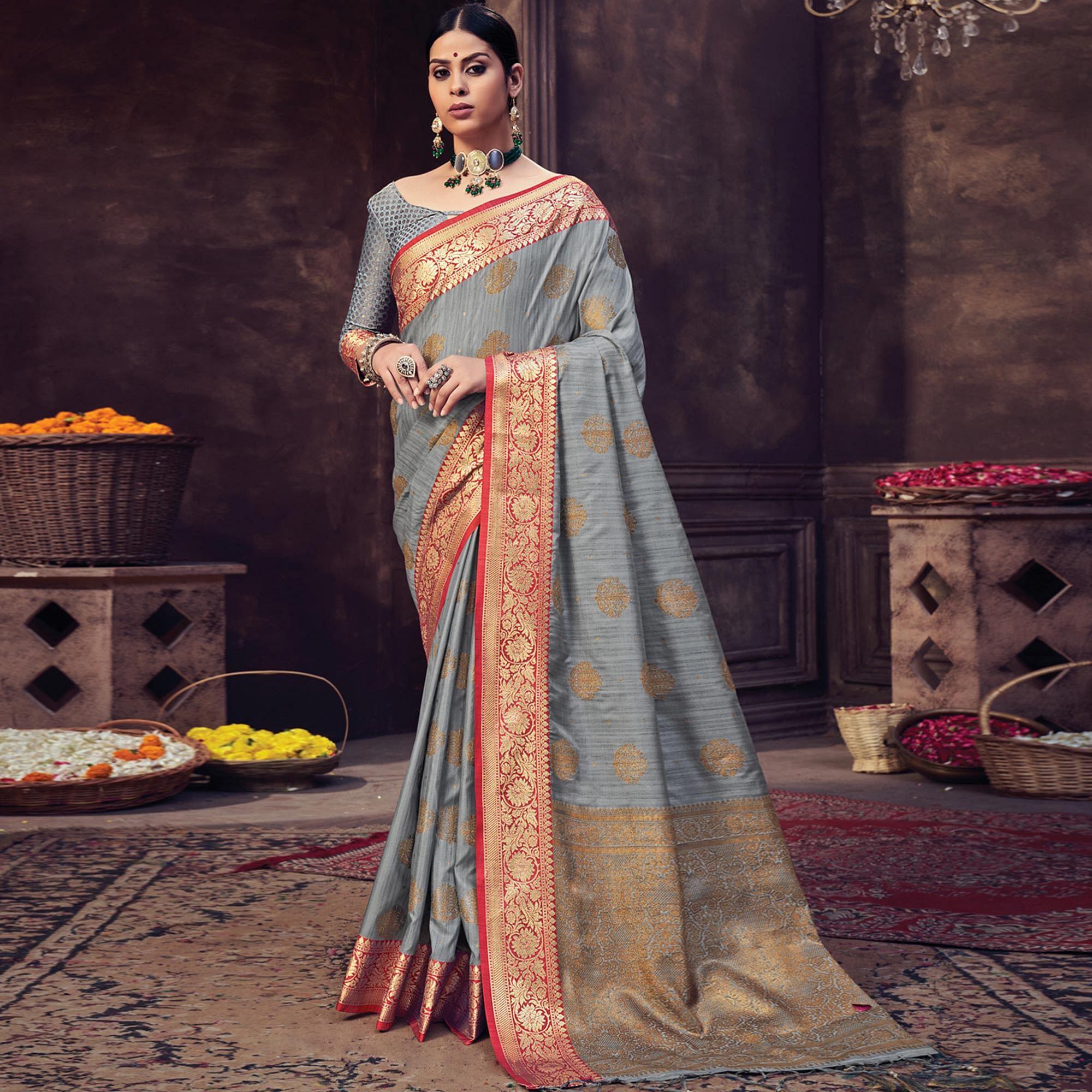 Grey Festive Wear Woven Banarasi Silk Saree With Tassels - Peachmode