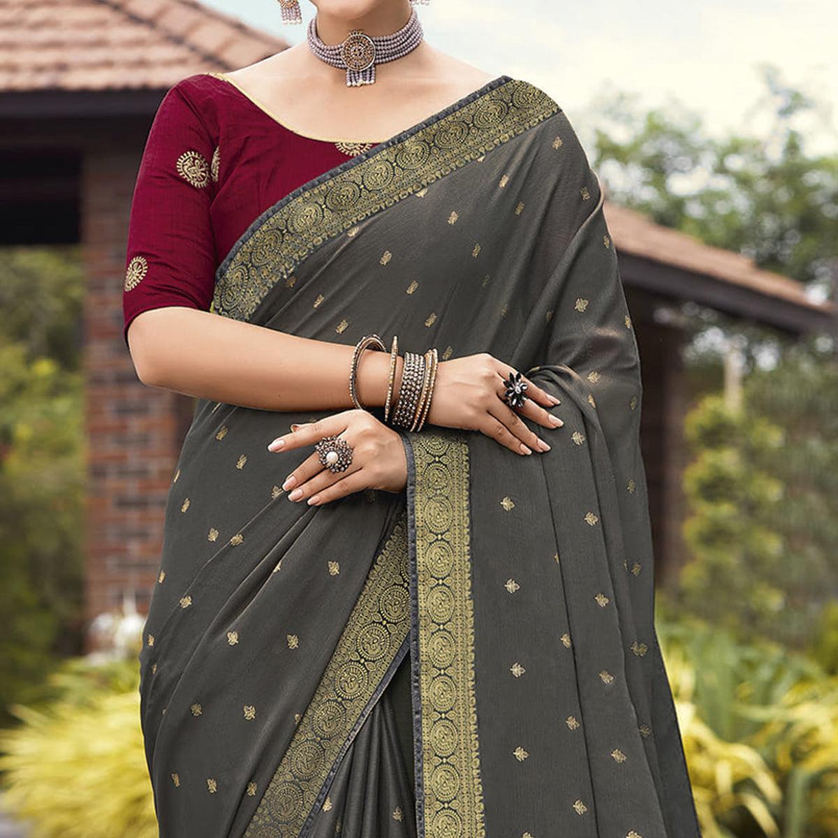 Grey Festive Wear Woven Chiffon Saree - Peachmode