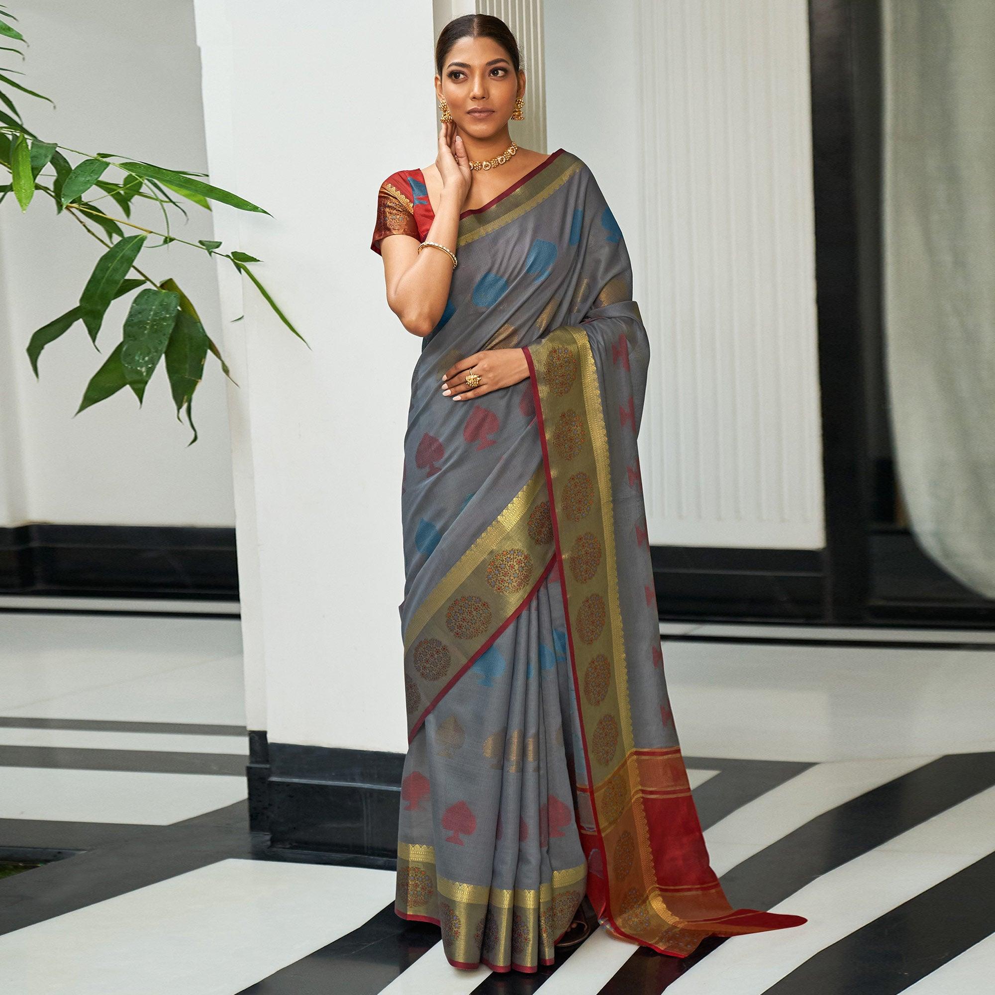 Grey Festive Wear Woven Cotton Handloom Saree - Peachmode
