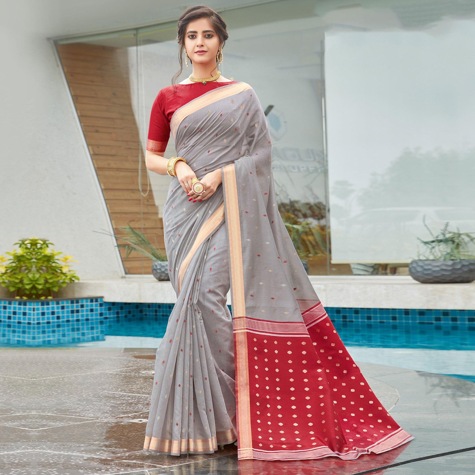 Grey Festive Wear Woven Cotton Saree - Peachmode