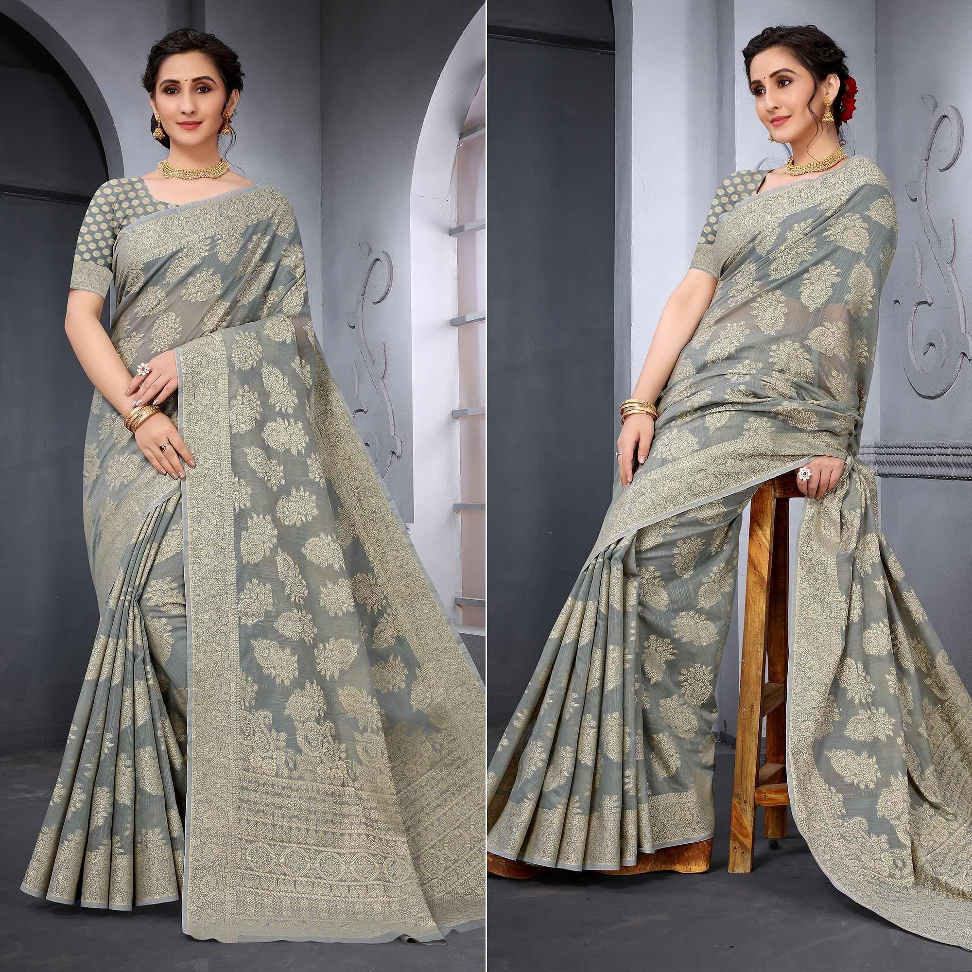 Grey Festive Wear Woven Cotton Saree - Peachmode