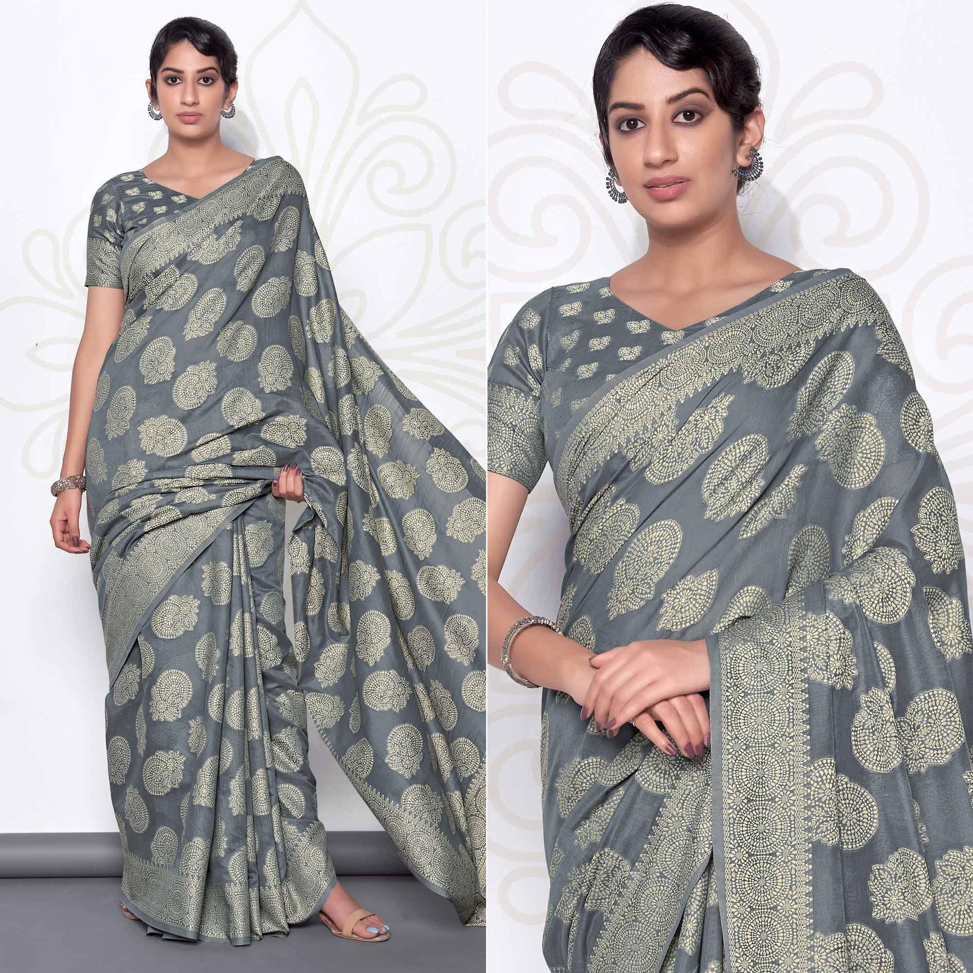 Grey Festive Wear Woven Cotton Saree - Peachmode