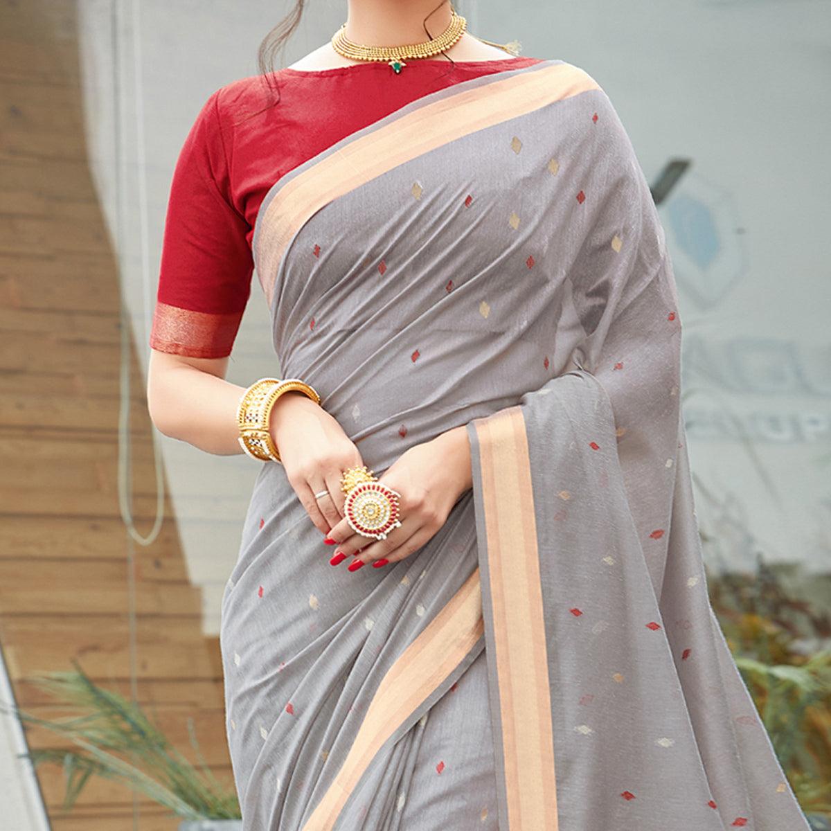 Grey Festive Wear Woven Cotton Saree - Peachmode