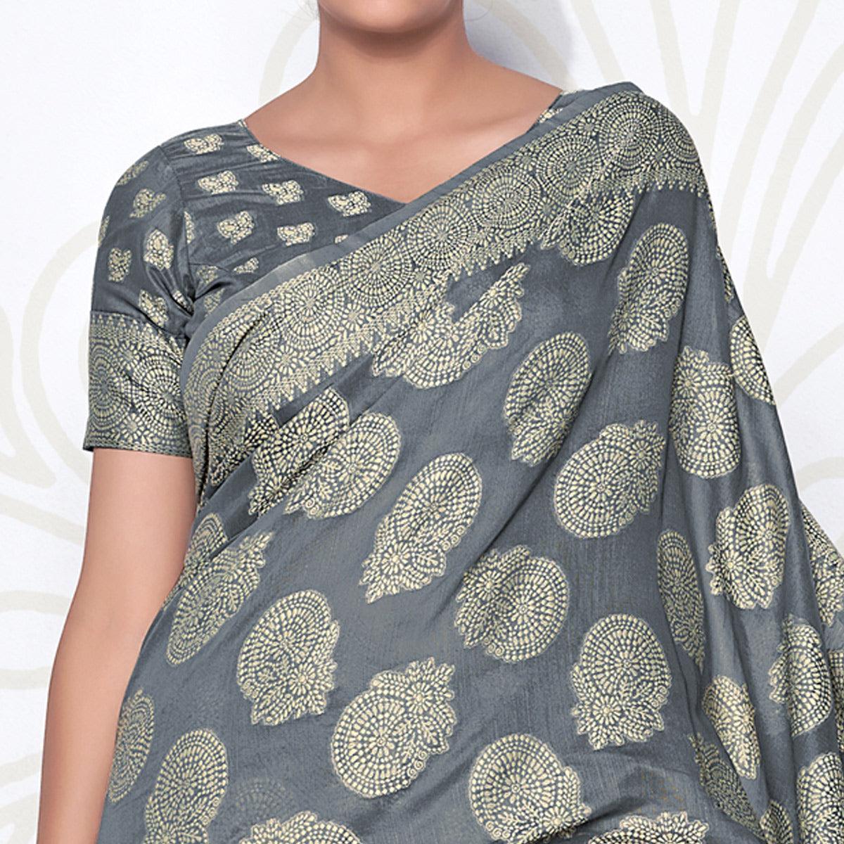 Grey Festive Wear Woven Cotton Saree - Peachmode
