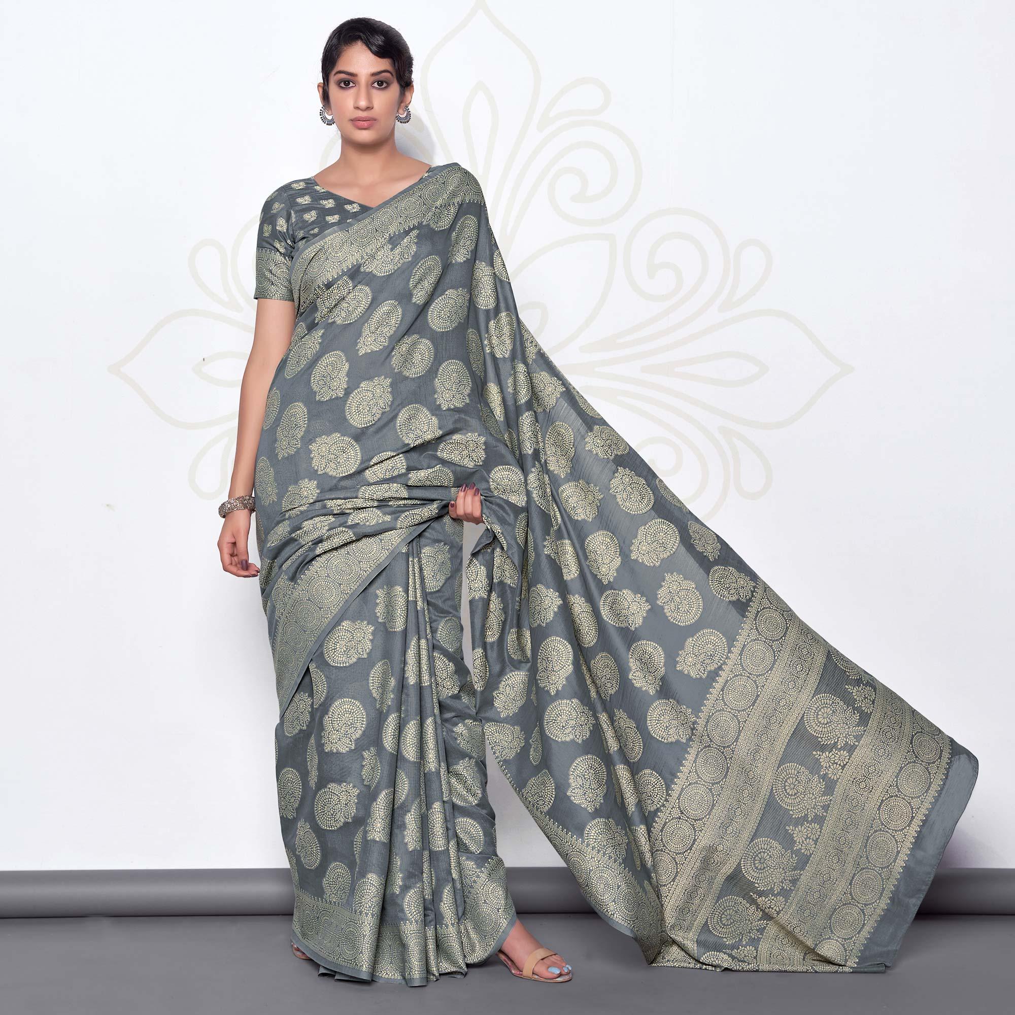 Grey Festive Wear Woven Cotton Saree - Peachmode