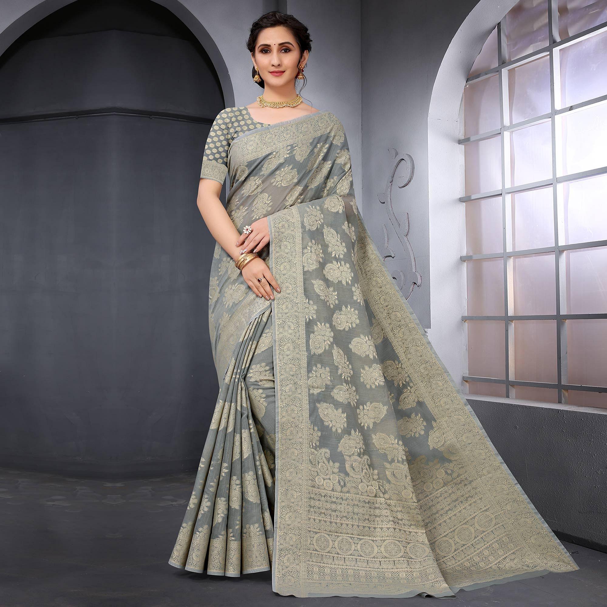 Grey Festive Wear Woven Cotton Saree - Peachmode