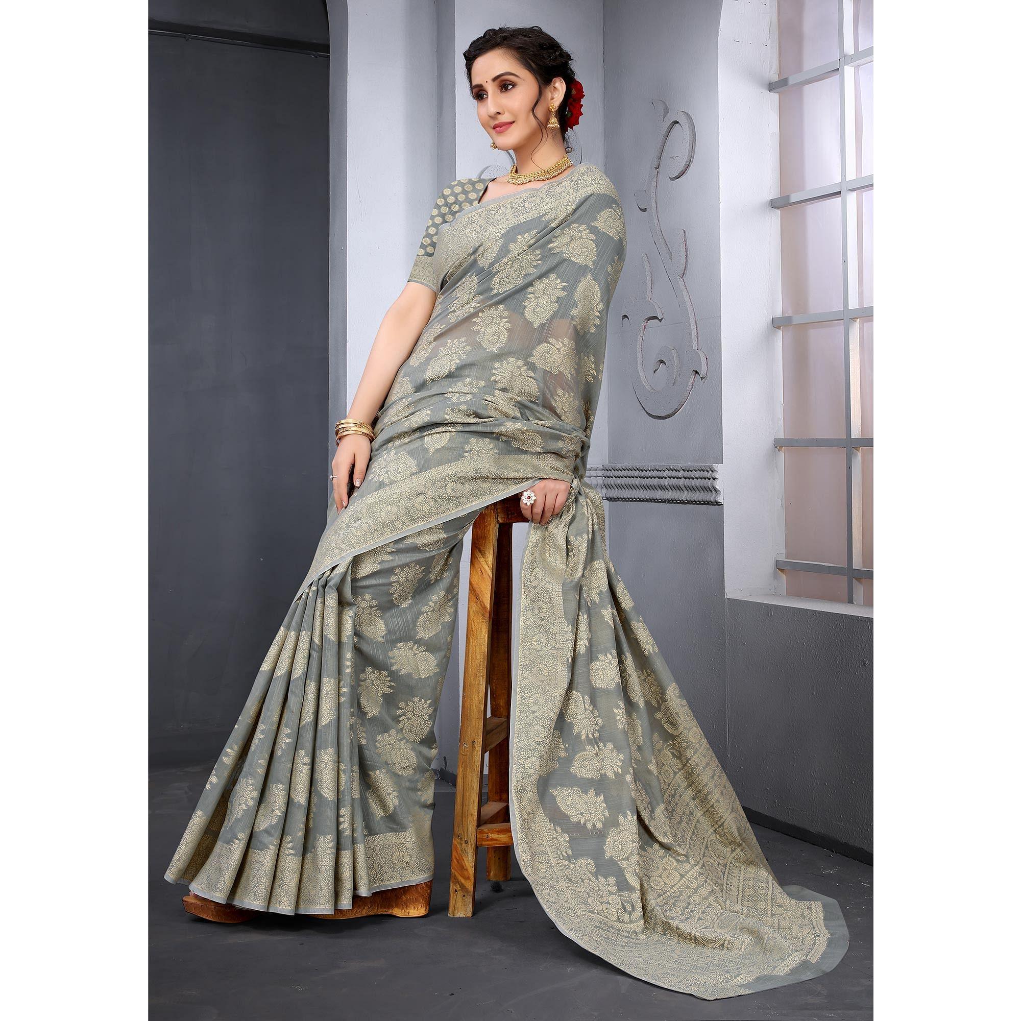 Grey Festive Wear Woven Cotton Saree - Peachmode